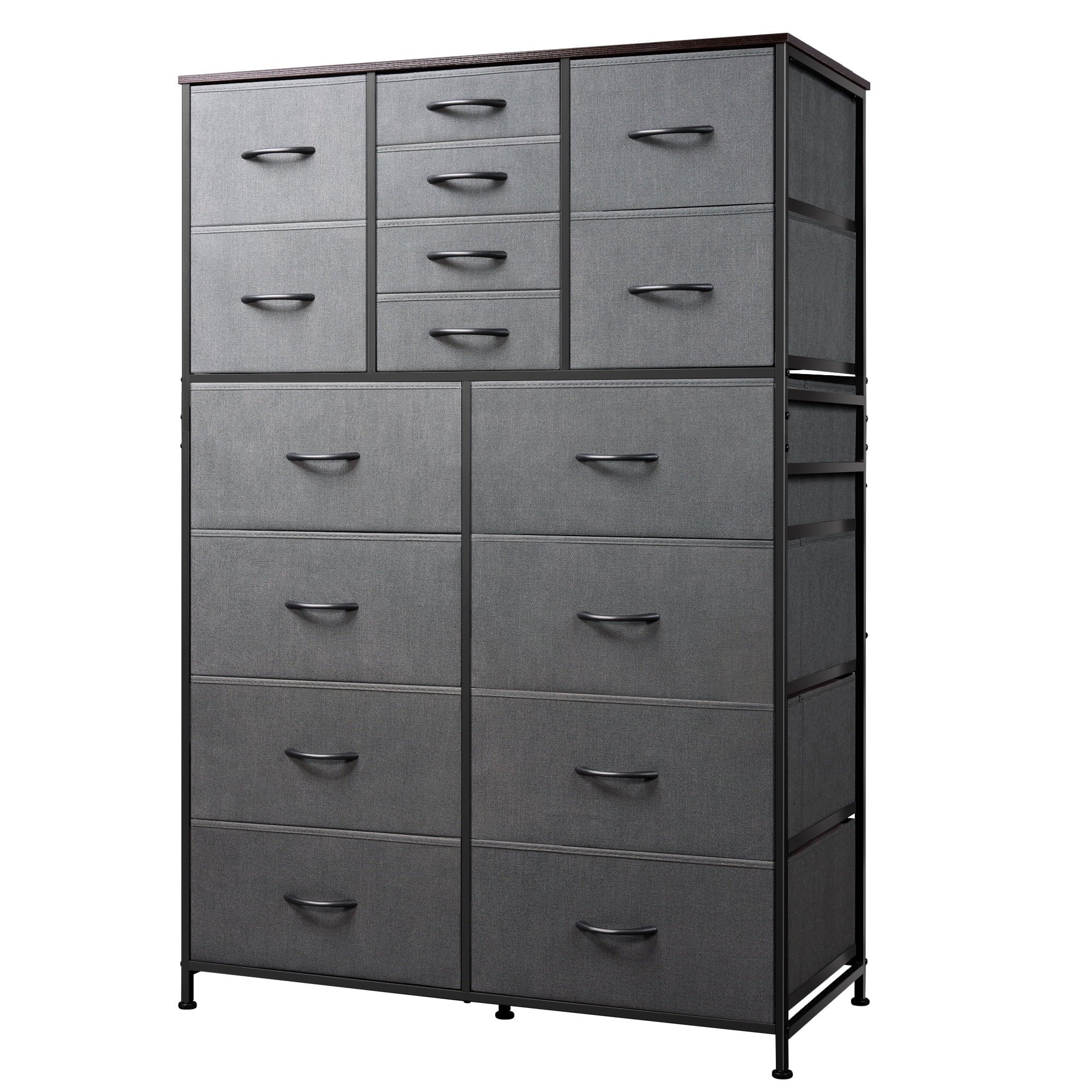 GALAXHERO 16-Drawer Tall Fabric Dresser Organizer Unit, Large Storage Chest of Drawers with Fabric Bins for Bedroom, Closet, Hallway, Charcoal Black Wood Grain Print