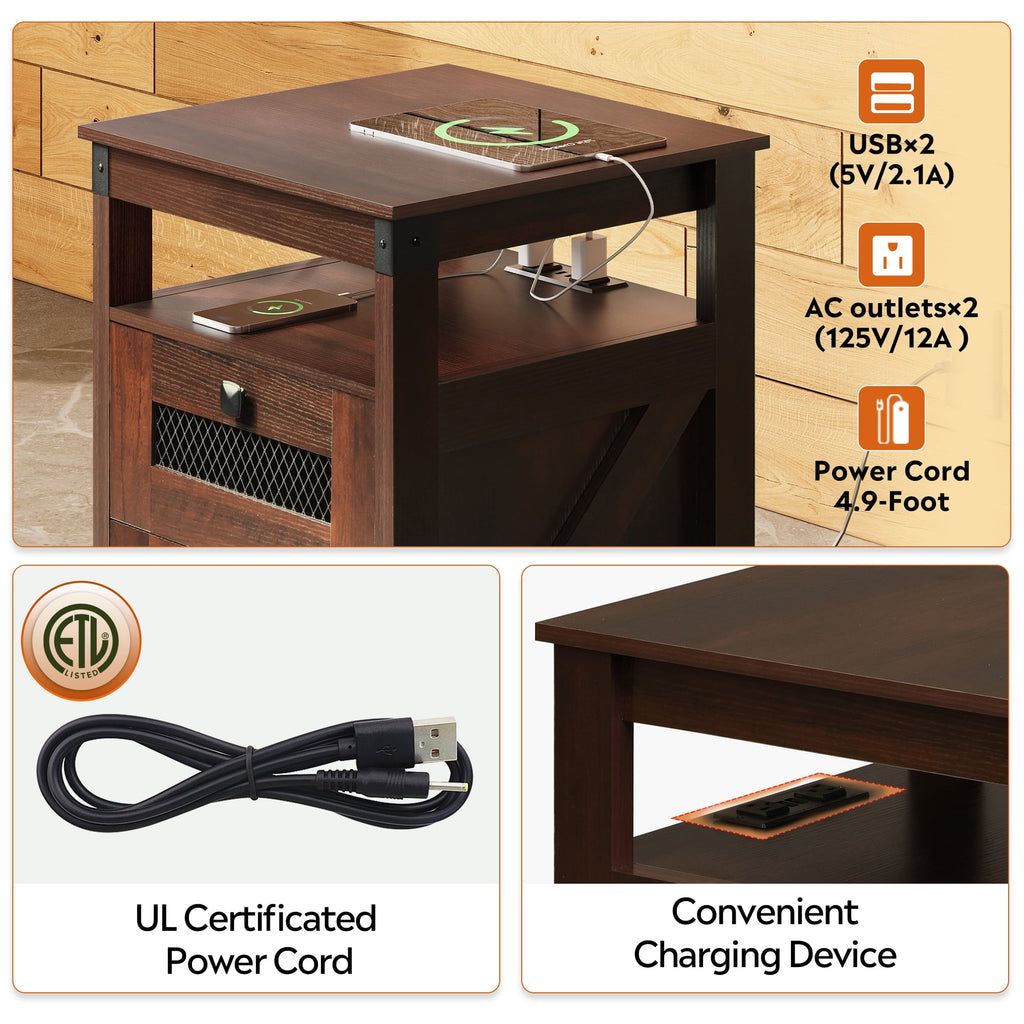 GALAXHERO Nightstand with Charging Station, Farmhouse End Table, Bed Side Table with 2 Storage Drawers and Open Shelf, Wood Rustic Nightstands for Bedroom