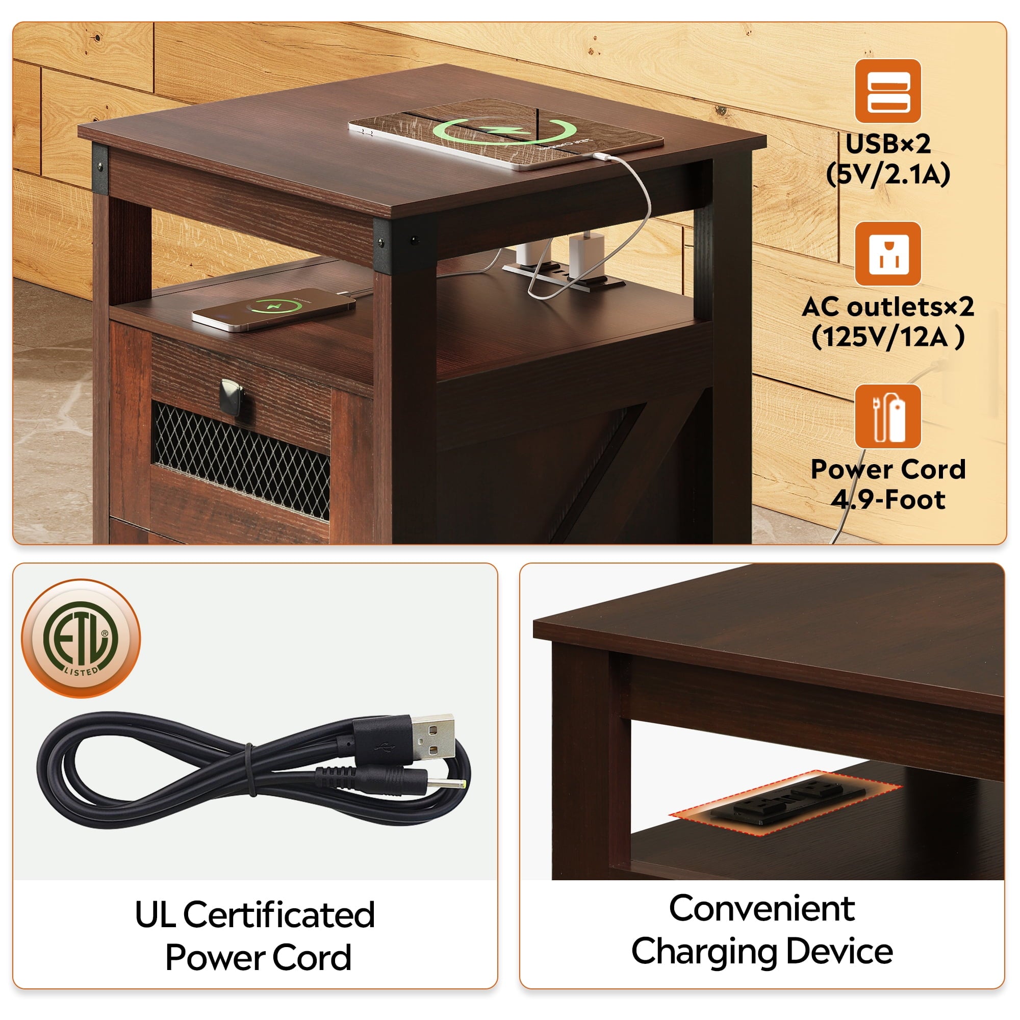 GALAXHERO Nightstand with Charging Station, Farmhouse End Table, Bed Side Table with 2 Storage Drawers and Open Shelf, Wood Rustic Nightstands for Bedroom