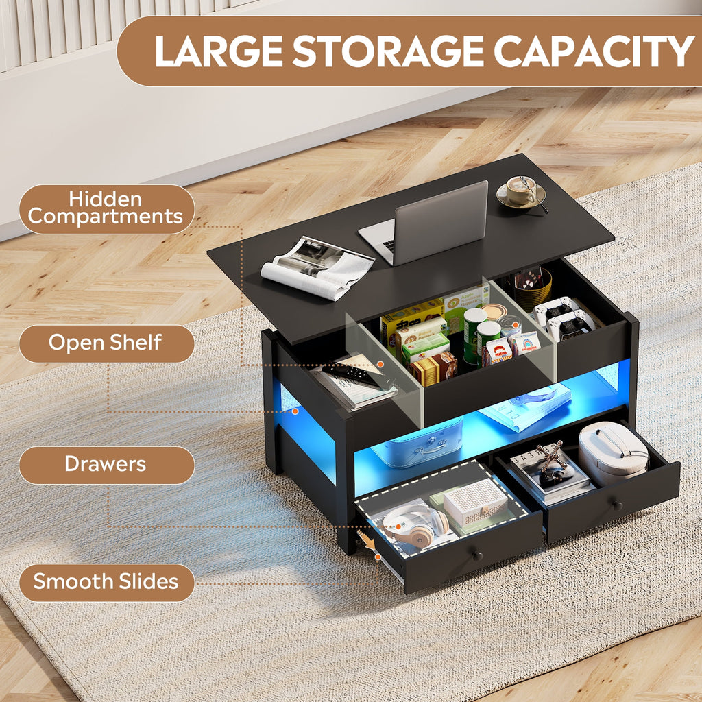 GALAXHERO Lift Top Coffee Table for Living Room Table with 2 Drawers & LED Light & Large Storage and Open Shelf