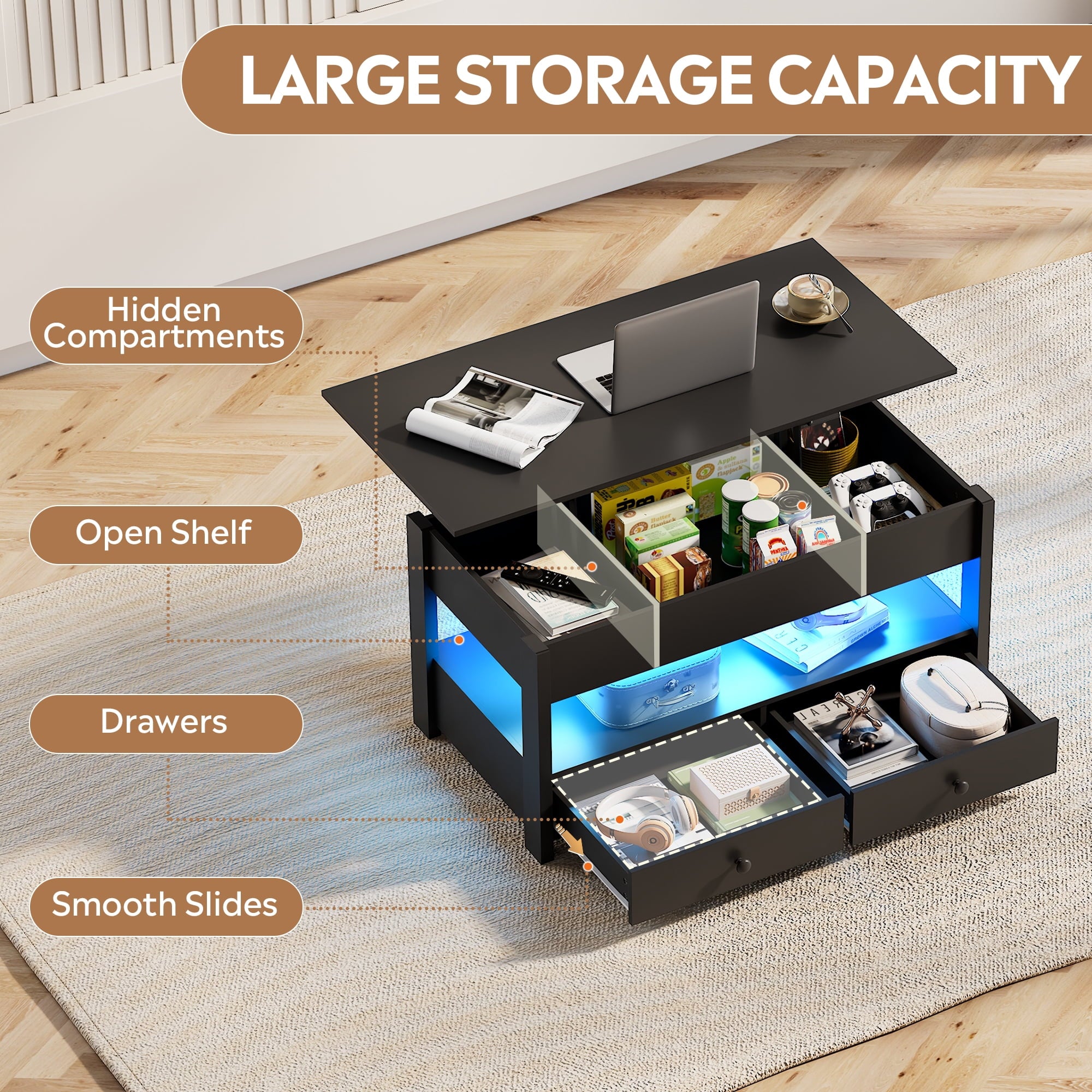 GALAXHERO Lift Top Coffee Table for Living Room Table with 2 Drawers & LED Light & Large Storage and Open Shelf