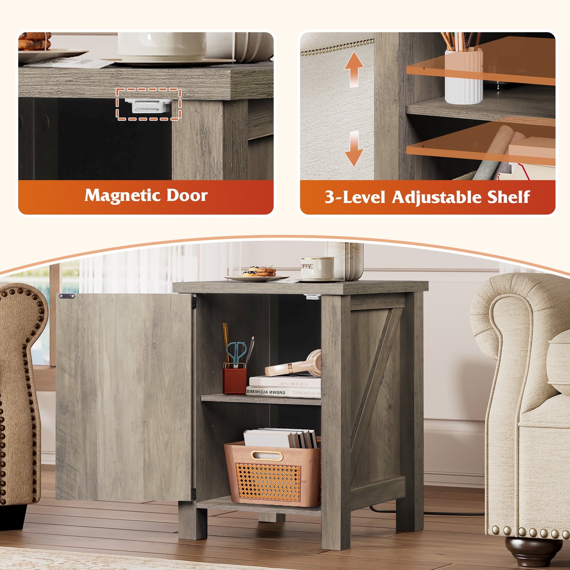 GALAXHERO Nightstand with Charging Station, Farmhouse Narrow Side Table with Barn Door, Wooden Bedside Table for Bedroom, End Tables for Living Room