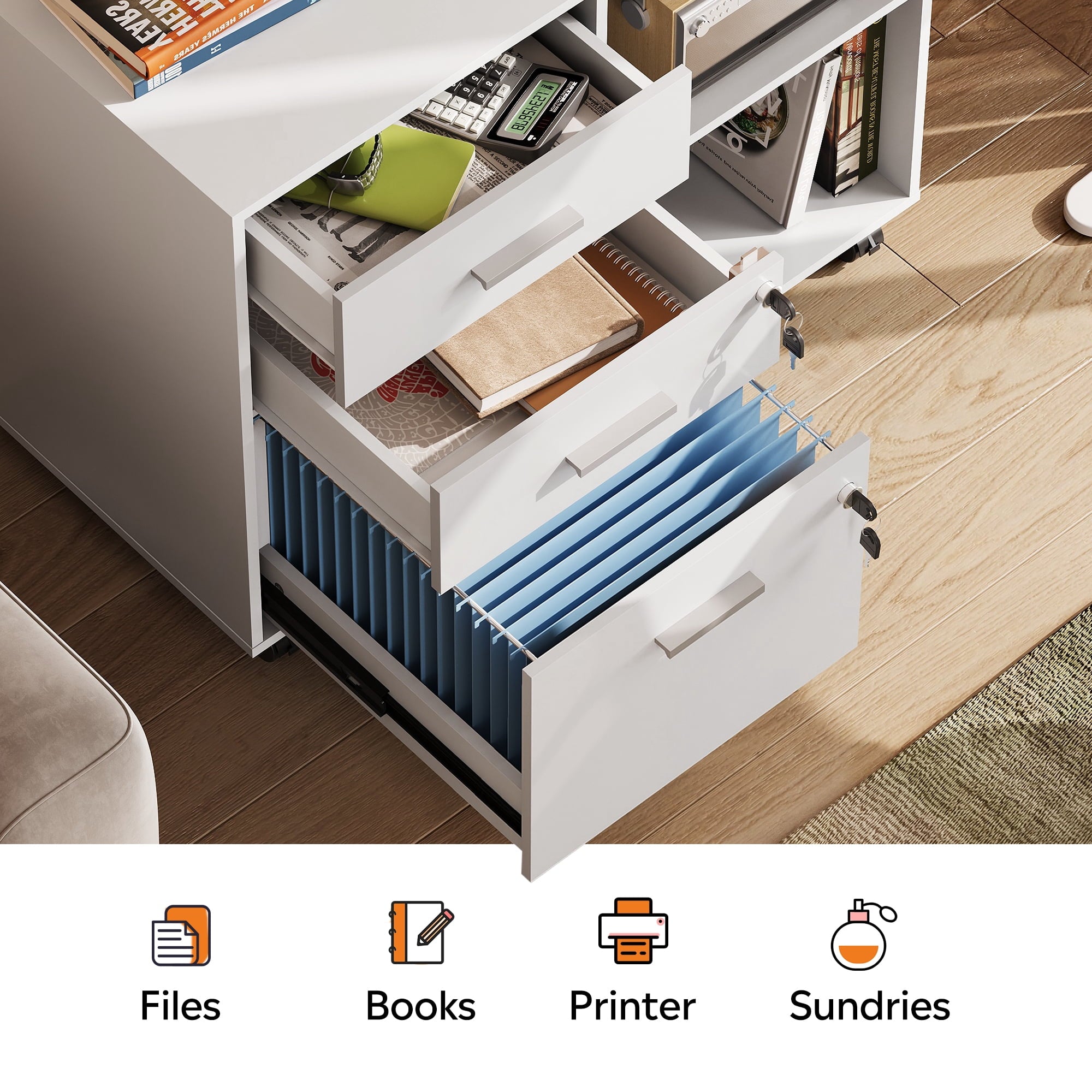 GALAXHERO 3-Drawer File Cabinet with Lock and Key, Mobile Wood Lateral Filing Cabinet & Printer Stand with Open Shelves for Home Office