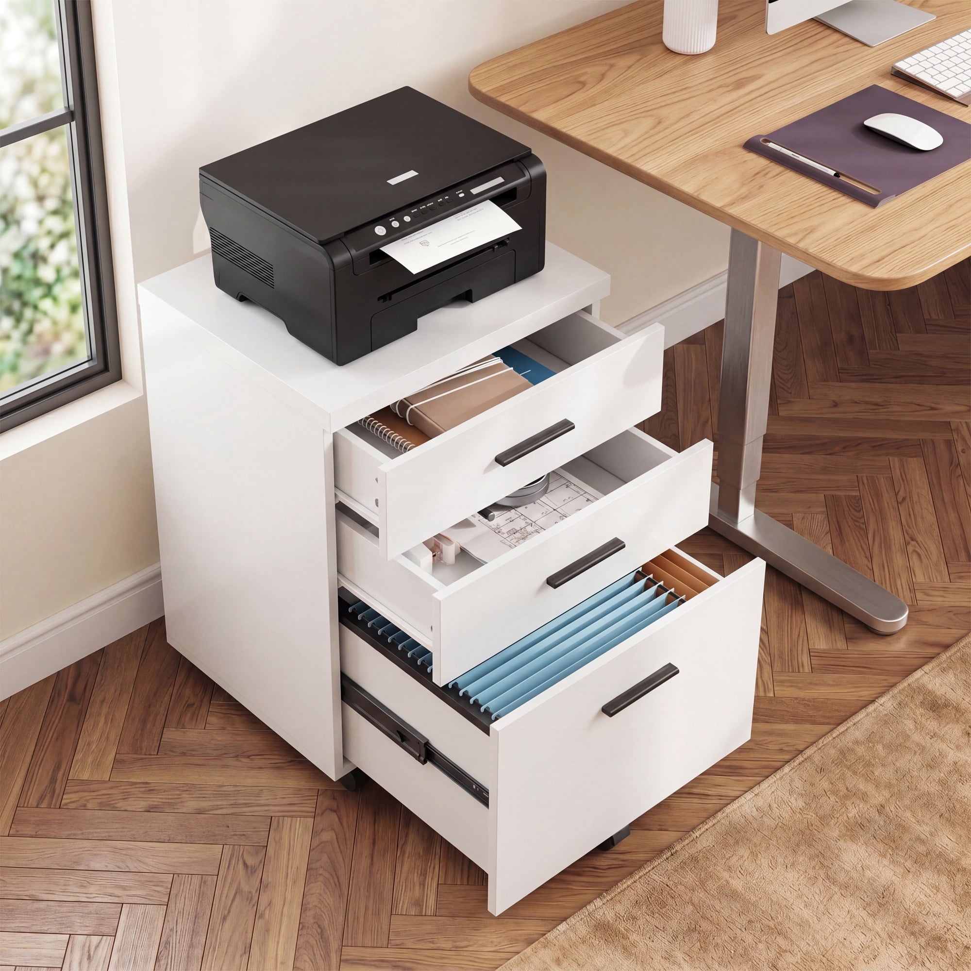 GALAXHERO 3 Drawer Storage Cabinet, Wood Rolling File Cabinet with Whells, Printer Stand Filing Cabinet for Home Office, Fit Letter/A4