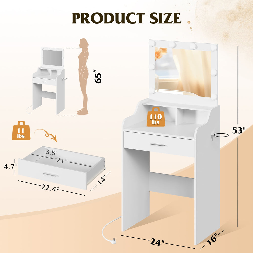 GALAXHERO Small Vanity Desk with Mirror, Makeup Tables with Drawer and Storage Shelves, Girls Dressing Table for Bedroom, White