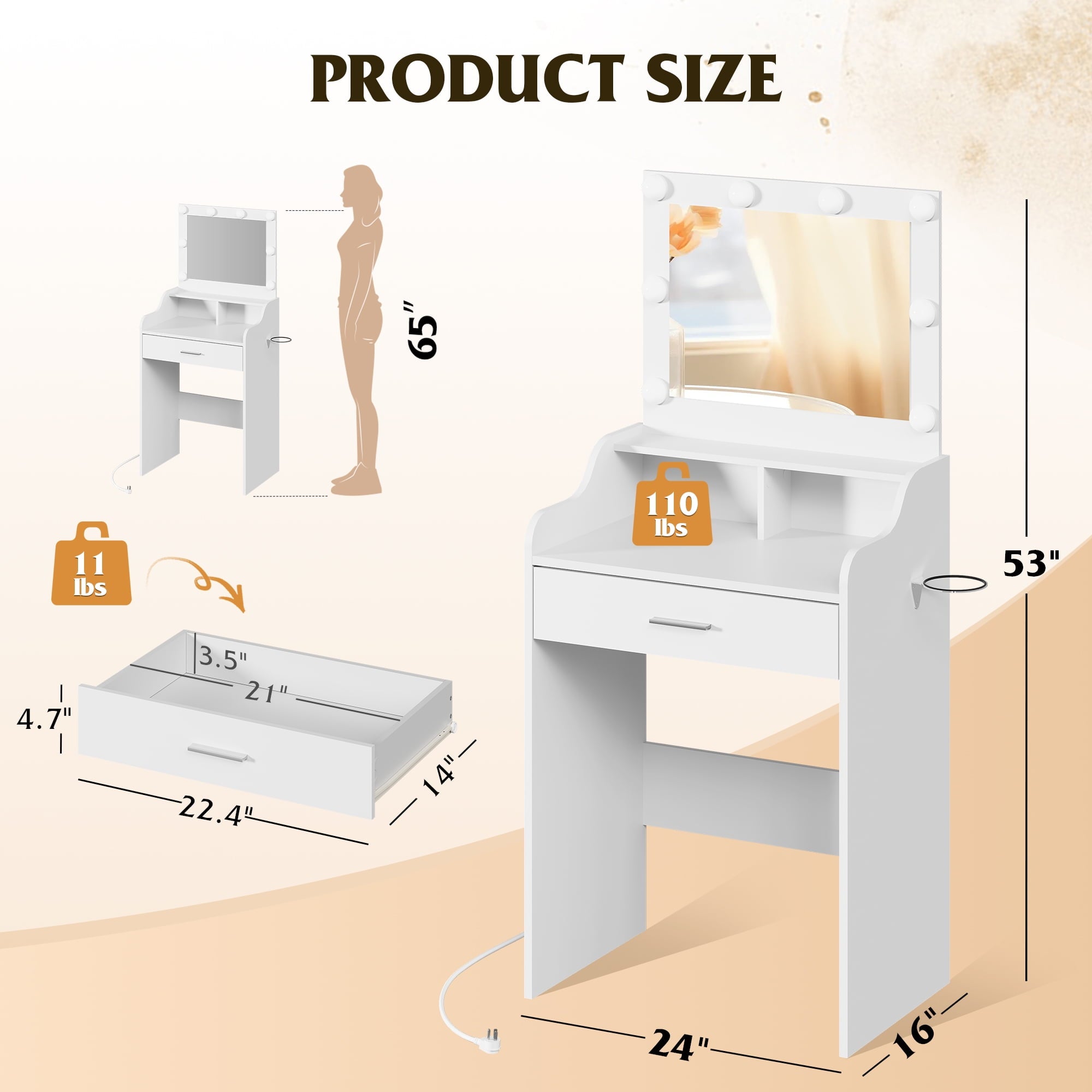 GALAXHERO Small Vanity Desk with Mirror, Makeup Tables with Drawer and Storage Shelves, Girls Dressing Table for Bedroom