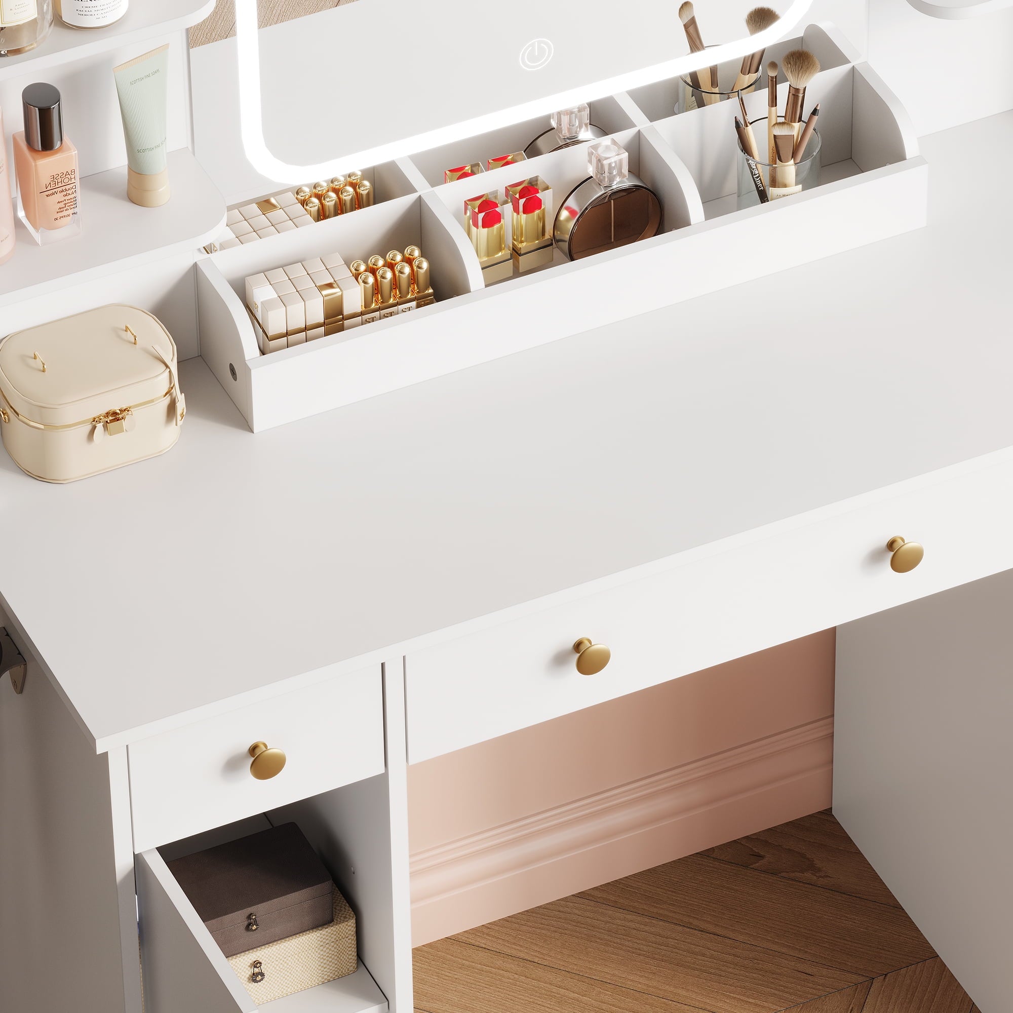 GALAXHERO White Vanity Desk with Lighted Mirror and Chair, RGB Lights, Charging Station, Makeup Table with 3 Drawers and 2 Cabinets, Vanity Stools with Storage for Bedroom
