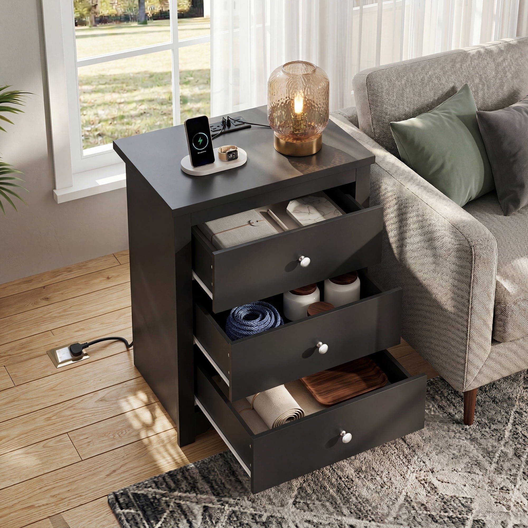 GALAXHERO Tall Nightstand with Charging Station, Nightstand with 3 Drawers, Wood Bedside Table for Bedroom, End Side Table for Living room and Dorm