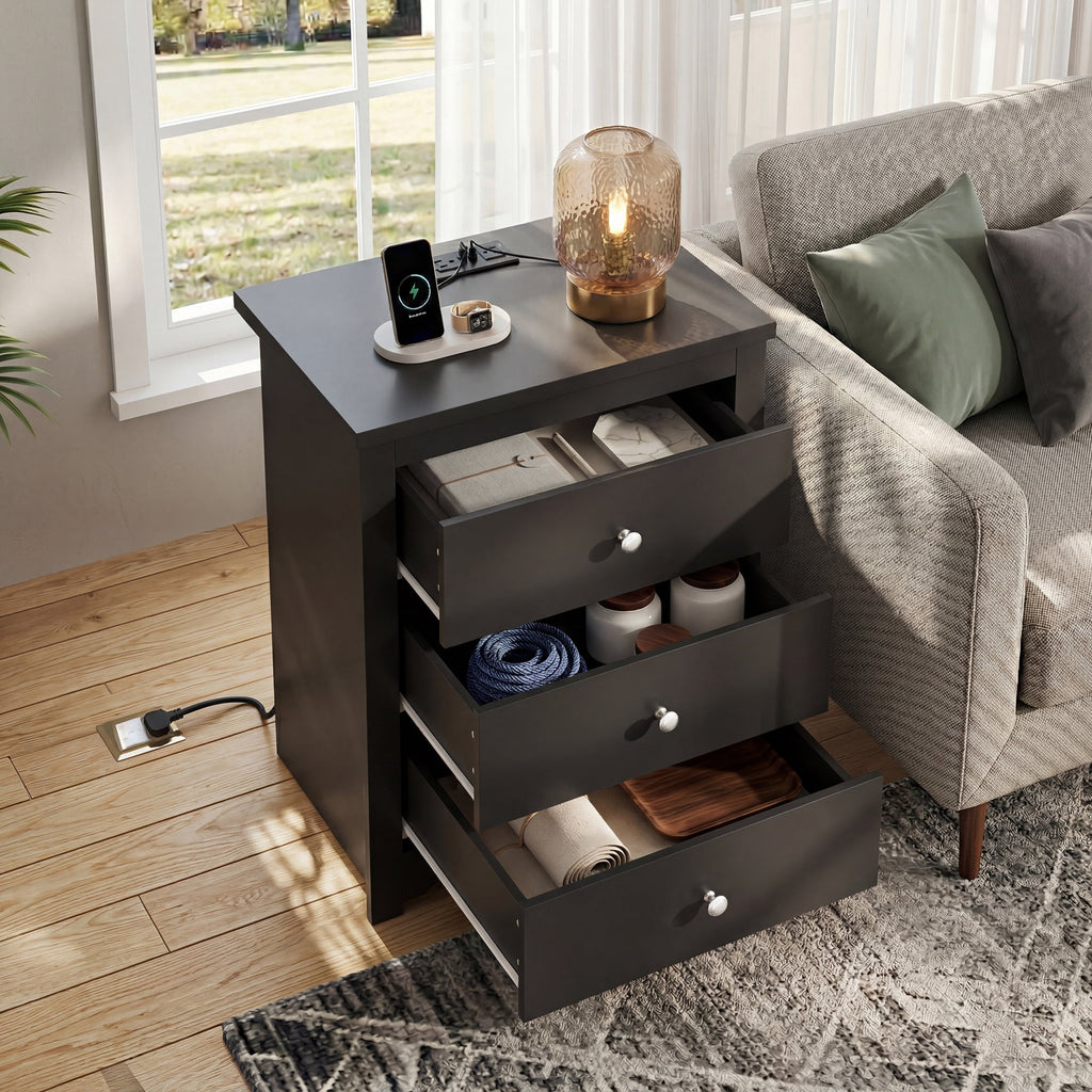 GALAXHERO Tall  Nightstand with Charging Station and 3 Drawers, Wood Bedside End Table with 2 USB Ports & 2 AC Outlets for Bedroom Living Room Dorm