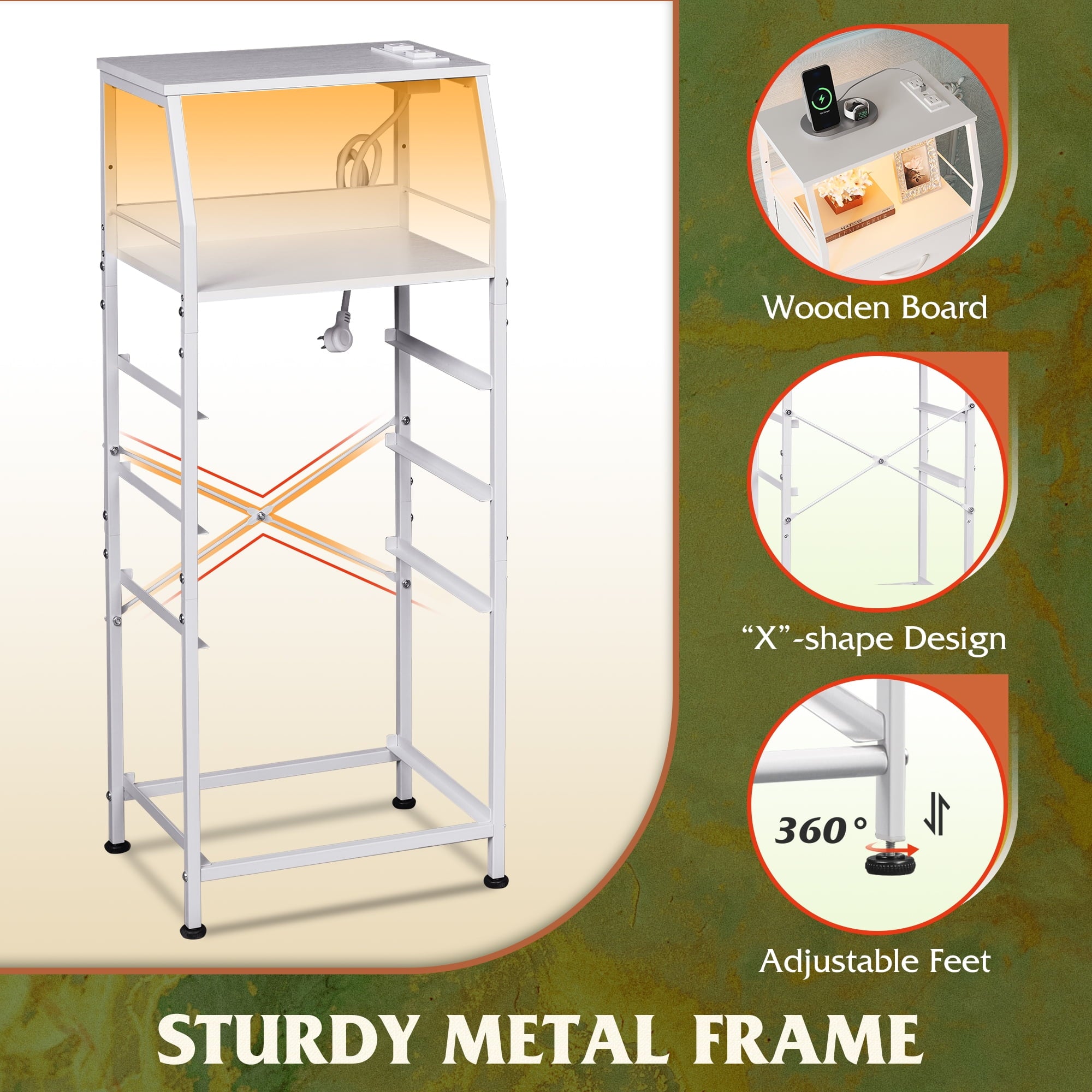 GALAXHERO Nightstand with Charging Station and LED, White Tall Night Stand, 4 Drawers Bedside Table with Storage Shelfs for Bedroom, Living Room