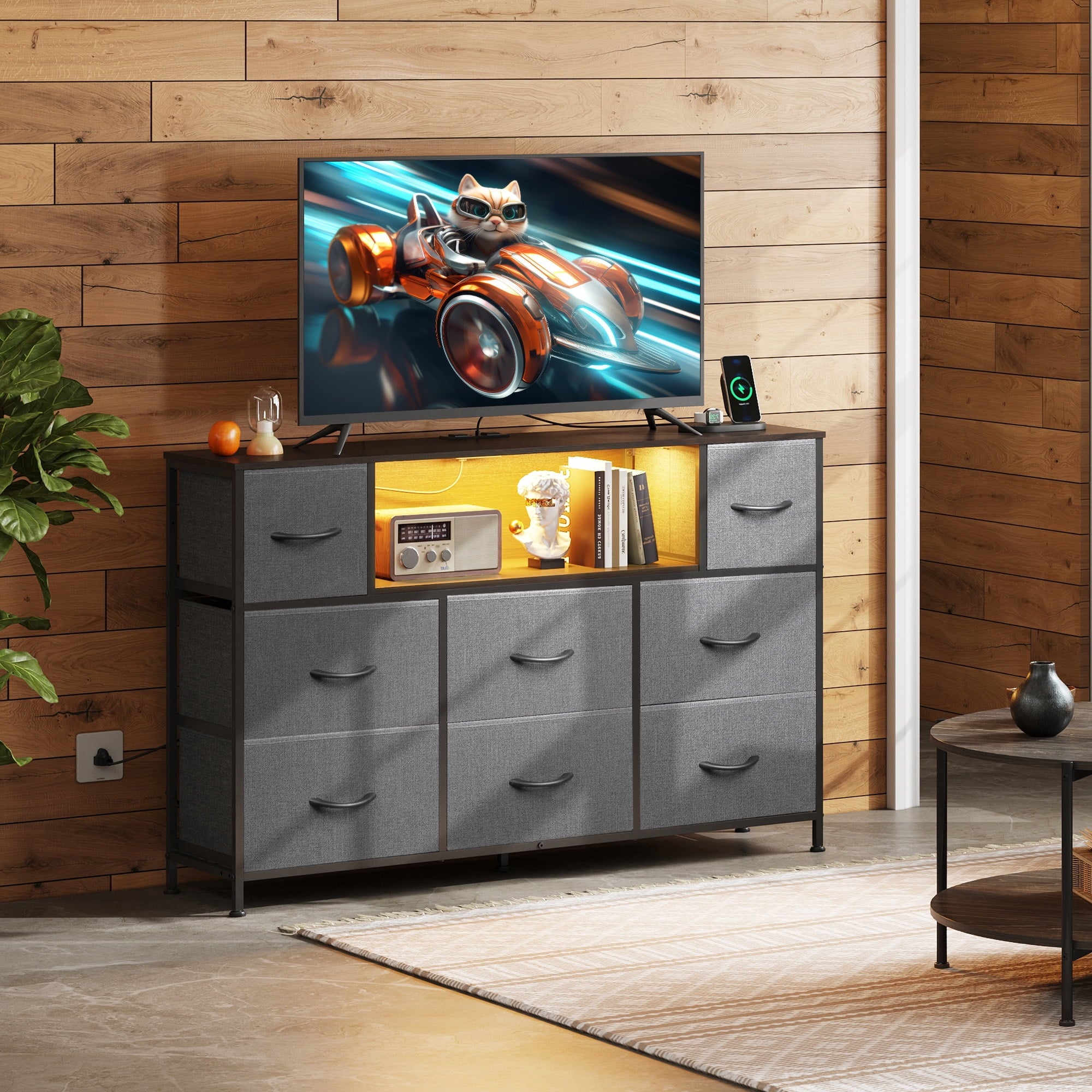 GALAXHERO 8-Drawer Dressers for Bedroom, Dresser TV Stand for 55'' TV with LED Lights and Power Outlets, Fabric Chest of Drawers for Living Room, Entryway