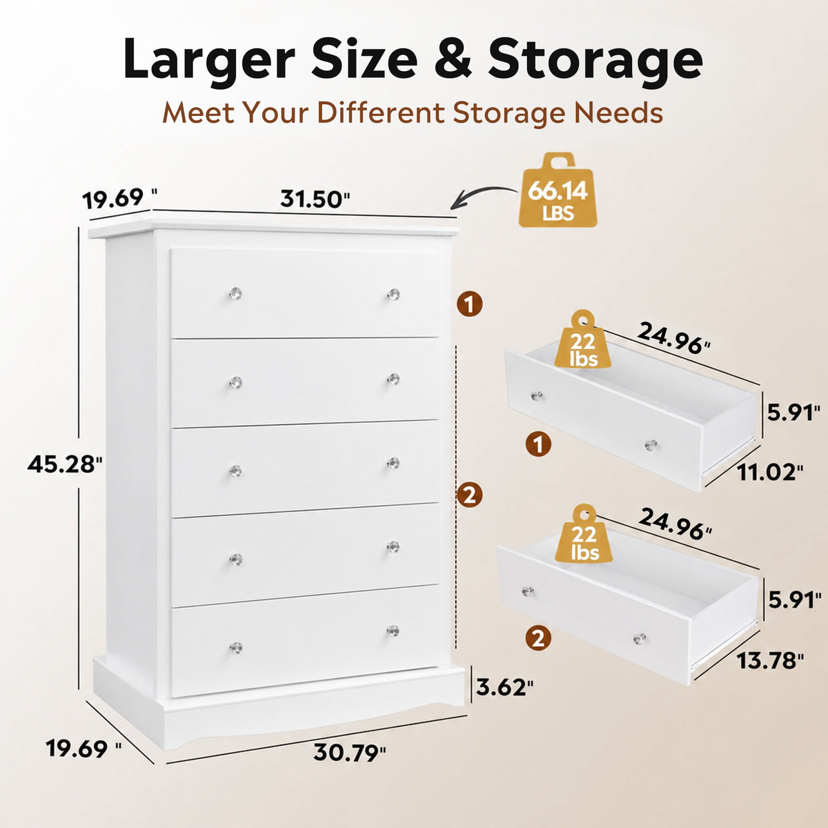 GALAXHERO 5 Drawer Dresser for Bedroom, Retro Wood Chest of Drawers, Tall Dresser with Round Metal Handle for Living Room, Hallway, Closet