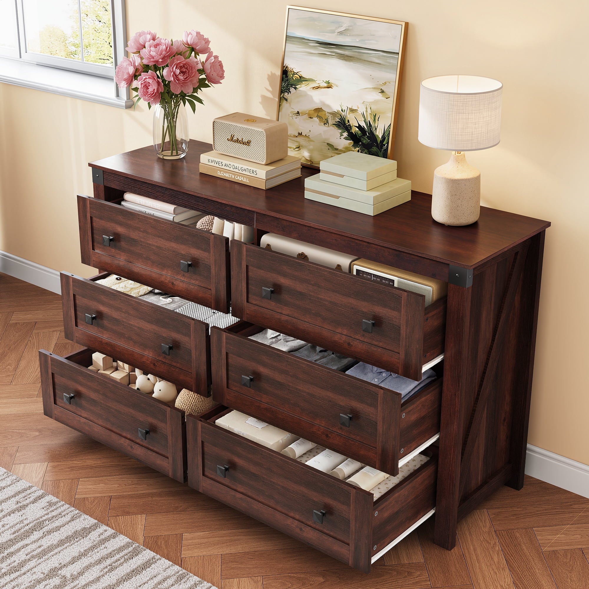 GALAXHERO Farmhouse 6 Drawer Dresser, Wood Dresser with Double Rustic Handles, TV Stand for 60" TV for Living Room, 53.07'' Wide Chest of Drawers for Bedroom, Hallway