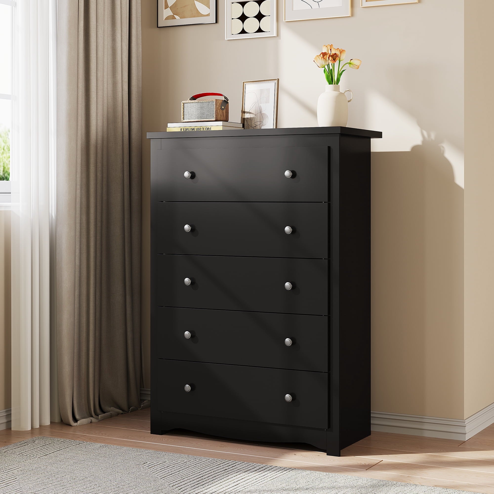 GALAXHERO 5 Drawer Dresser for Bedroom, Retro Wood Chest of Drawers, Tall Dresser with Round Metal Handle for Living Room, Hallway, Closet