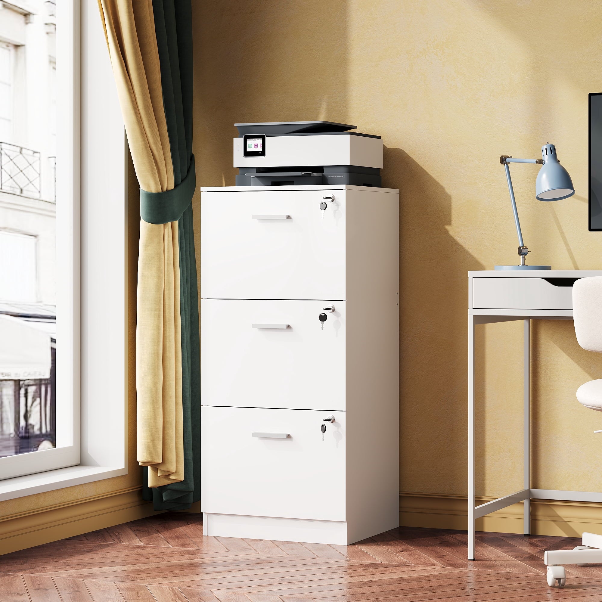 GALAXHERO 3 Drawers File Cabinets, Vertical Filing Cabinet with 3 Locks for Home Office, Wood Office Printer Stand for Letter/A4 Size