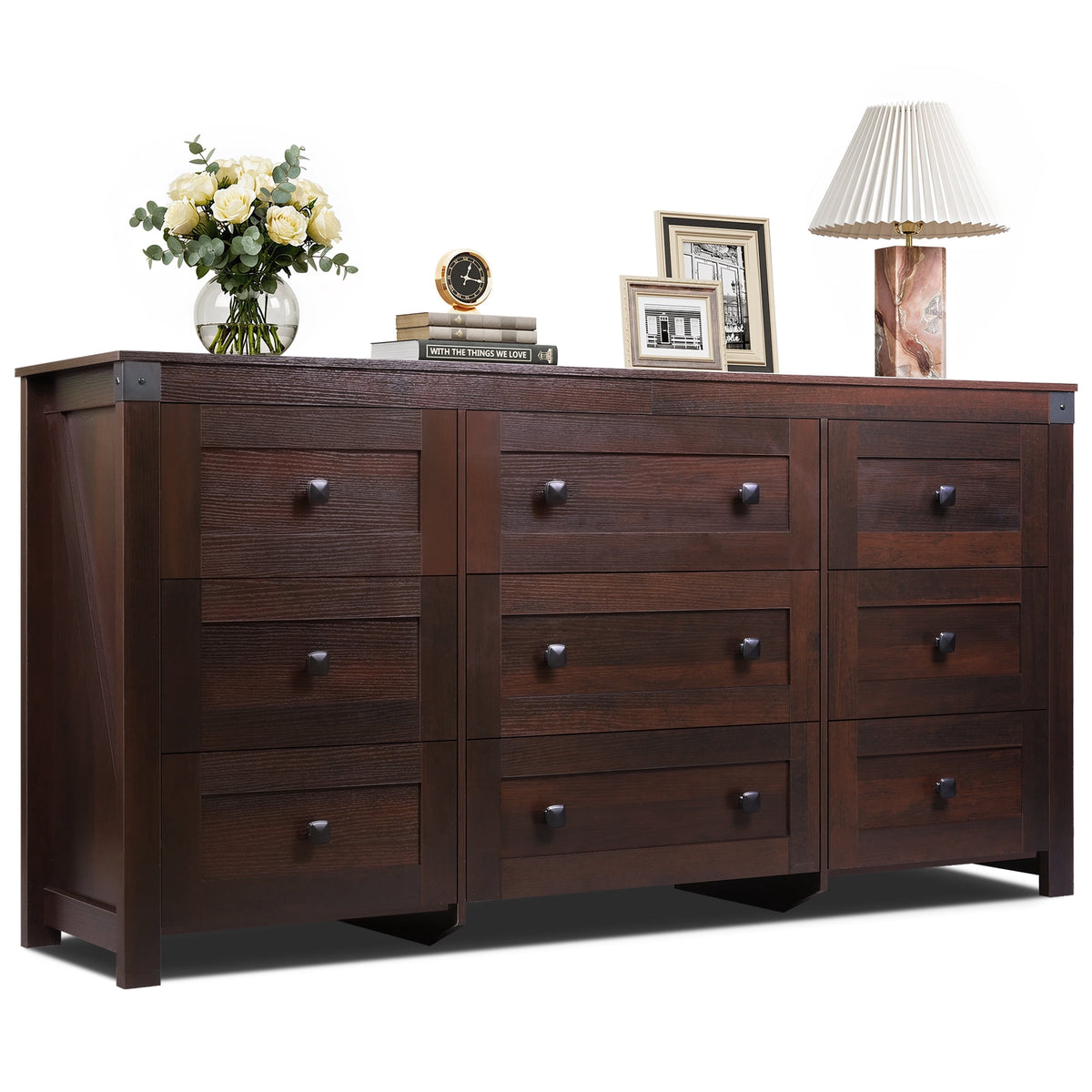 GALAXHERO Farmhouse 9 Drawer Wood Dresser, 63" Wide Storage Organizer with Double Rustic Handles, TV Stand for 70" TV, Chest of Drawers for Bedroom, Living Room