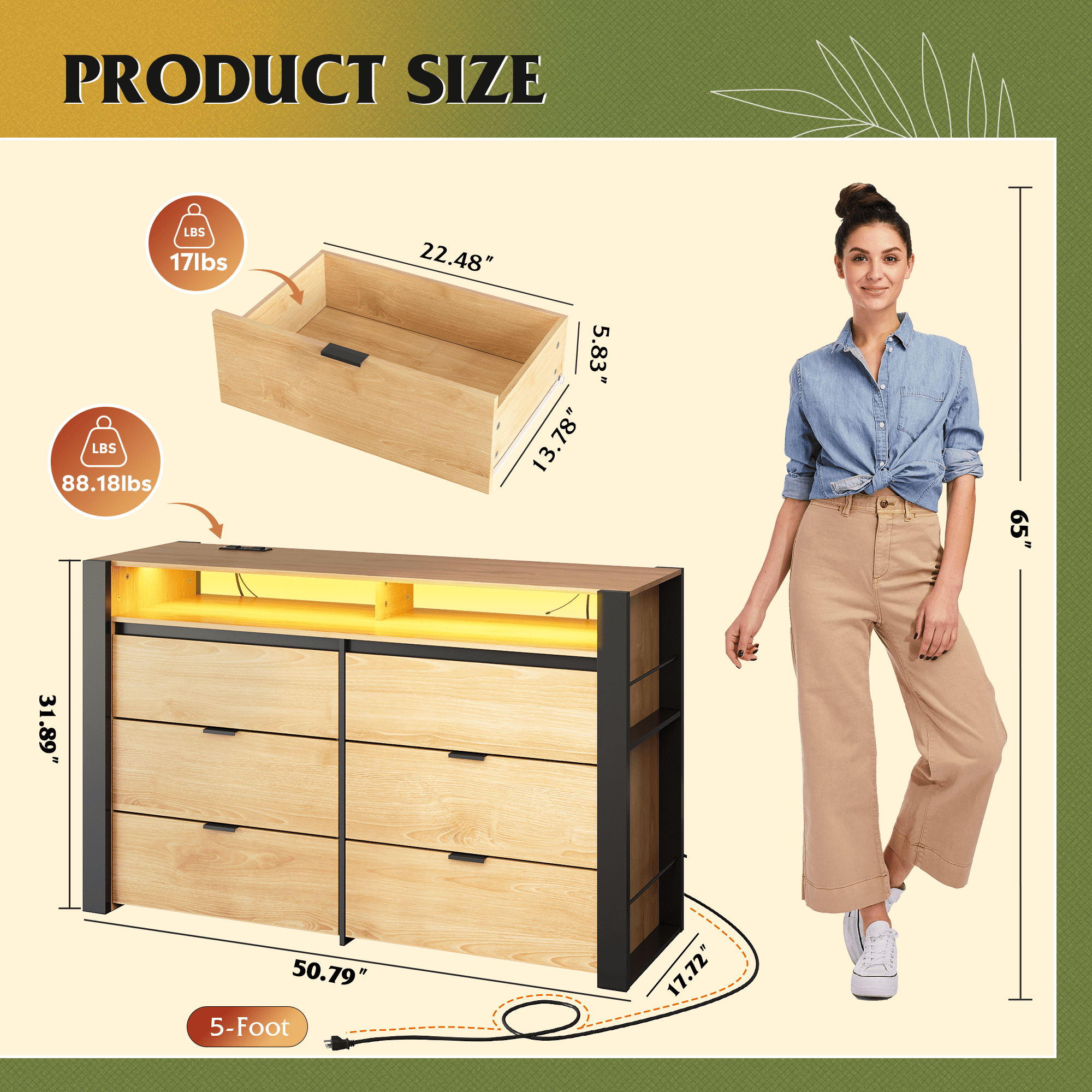 GALAXHERO 6 Drawer Dresser for Bedroom with LED Lights, Double Dresser with Charging Station, Large Wood Chest of Drawers, TV Stand for 55 inch TV for Closet, Living Room