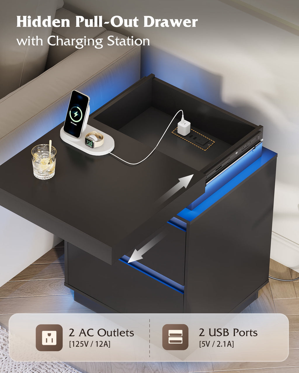 GALAXHERO  Nightstand with Charging Station and LED Lights, Modern 2 Drawers Bedside Table with Sliding Top, End Side Table for Bedroom, Living Room