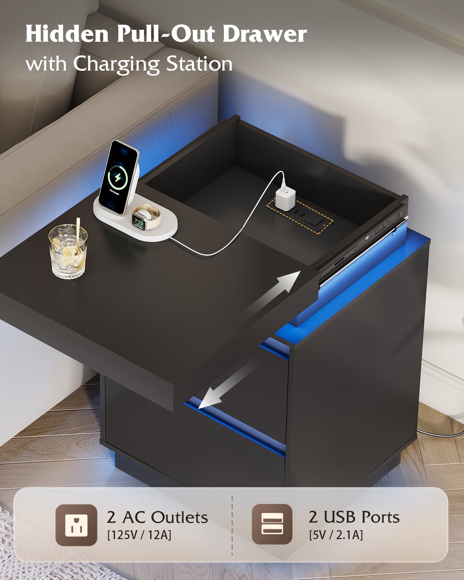 GALAXHERO  Nightstand with Charging Station and LED Lights, Modern 2 Drawers Bedside Table with Sliding Top, End Side Table for Bedroom, Living Room