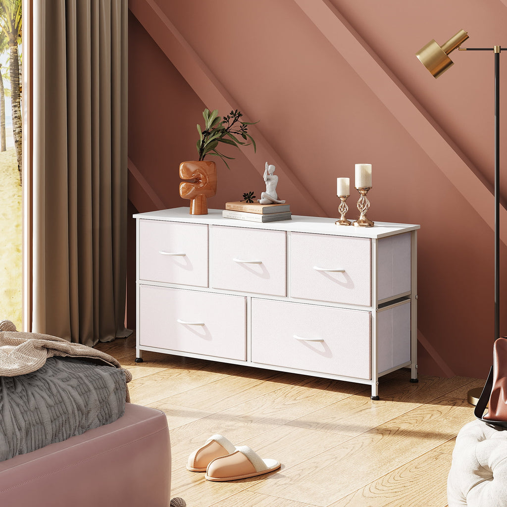 GALAXHERO 5-Drawer Dressers for Bedroom, Wide Chest of Drawers Nightstand Storage Tower with Fabric Bins for Closet, Living Room, Hallway