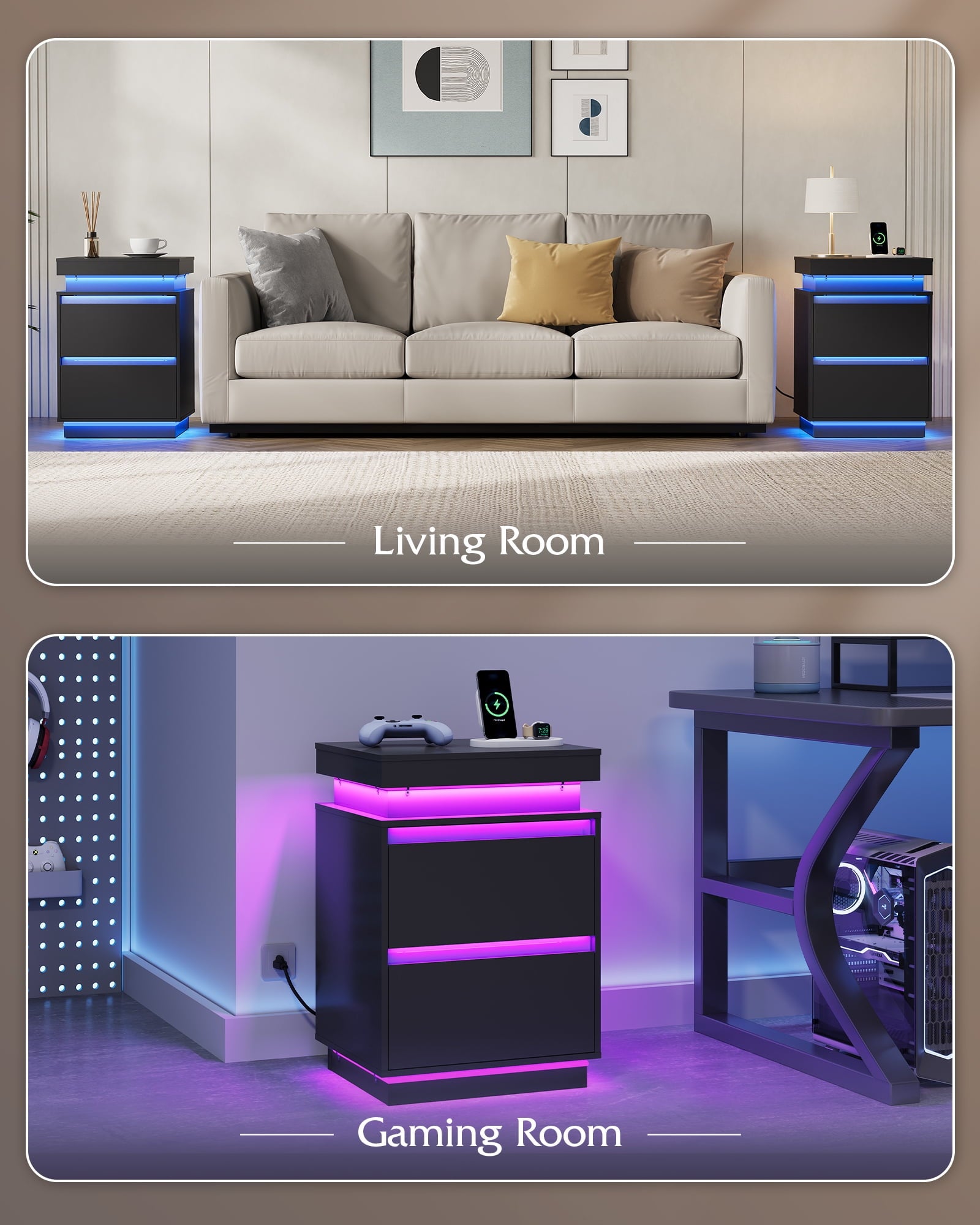 GALAXHERO  Nightstand with Charging Station and LED Lights, Modern 2 Drawers Bedside Table with Sliding Top, End Side Table for Bedroom, Living Room