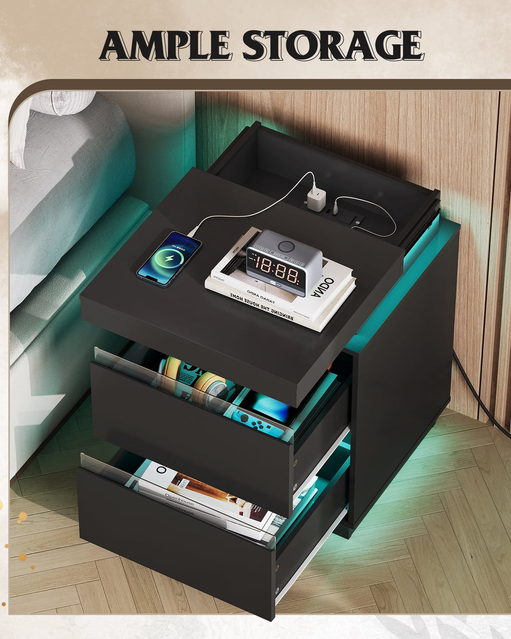 GALAXHERO Nightstand with Charging Station and LED Lights, Modern 2 Drawers Bedside Table with Sliding Top, End Side Table for Bedroom, Living Room