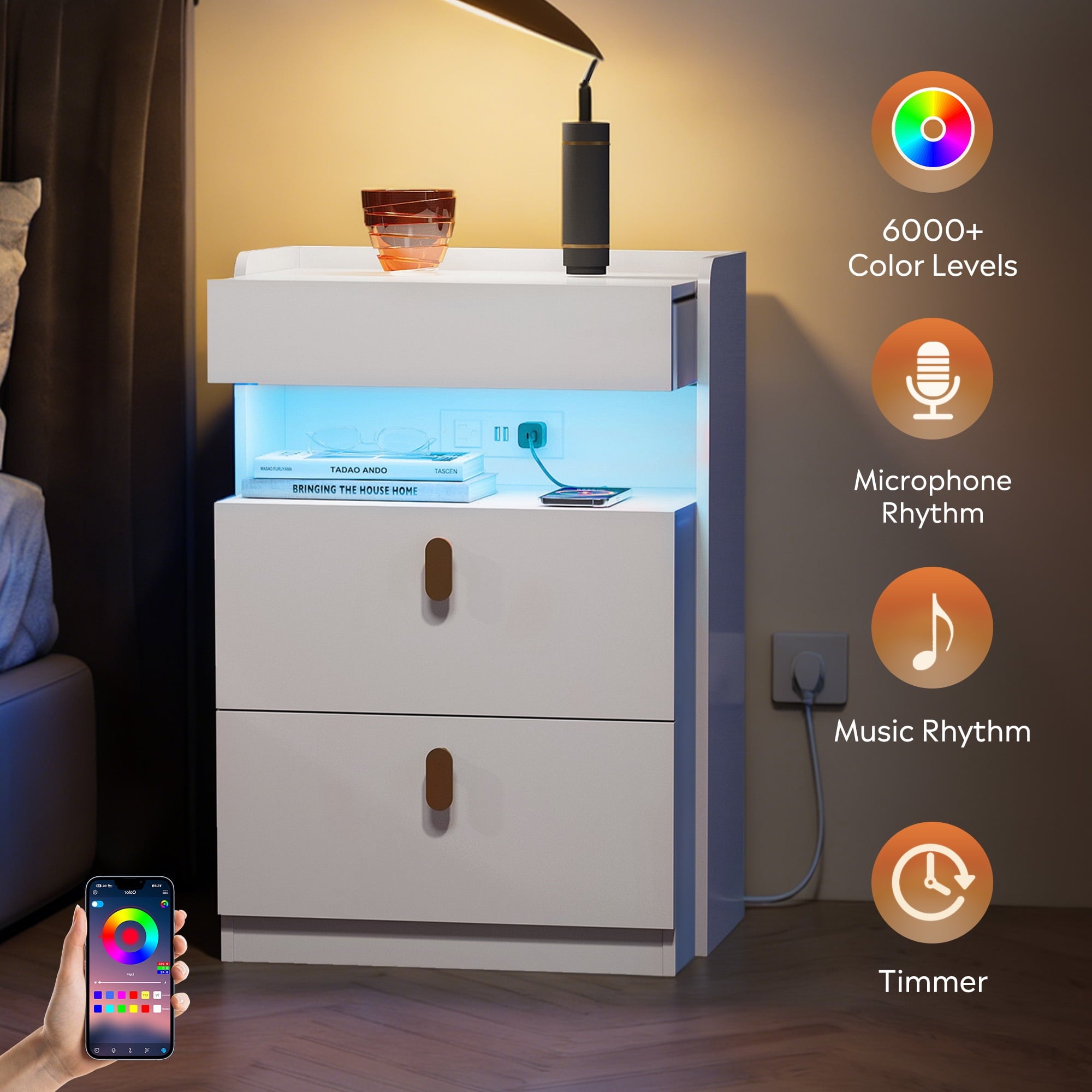 GALAXHERO 2 Drawer Nightstand with Charging Station and LED Lights, Modern Bedside Tables with Sliding Top for Bedroom, Wood End Table for Living Room