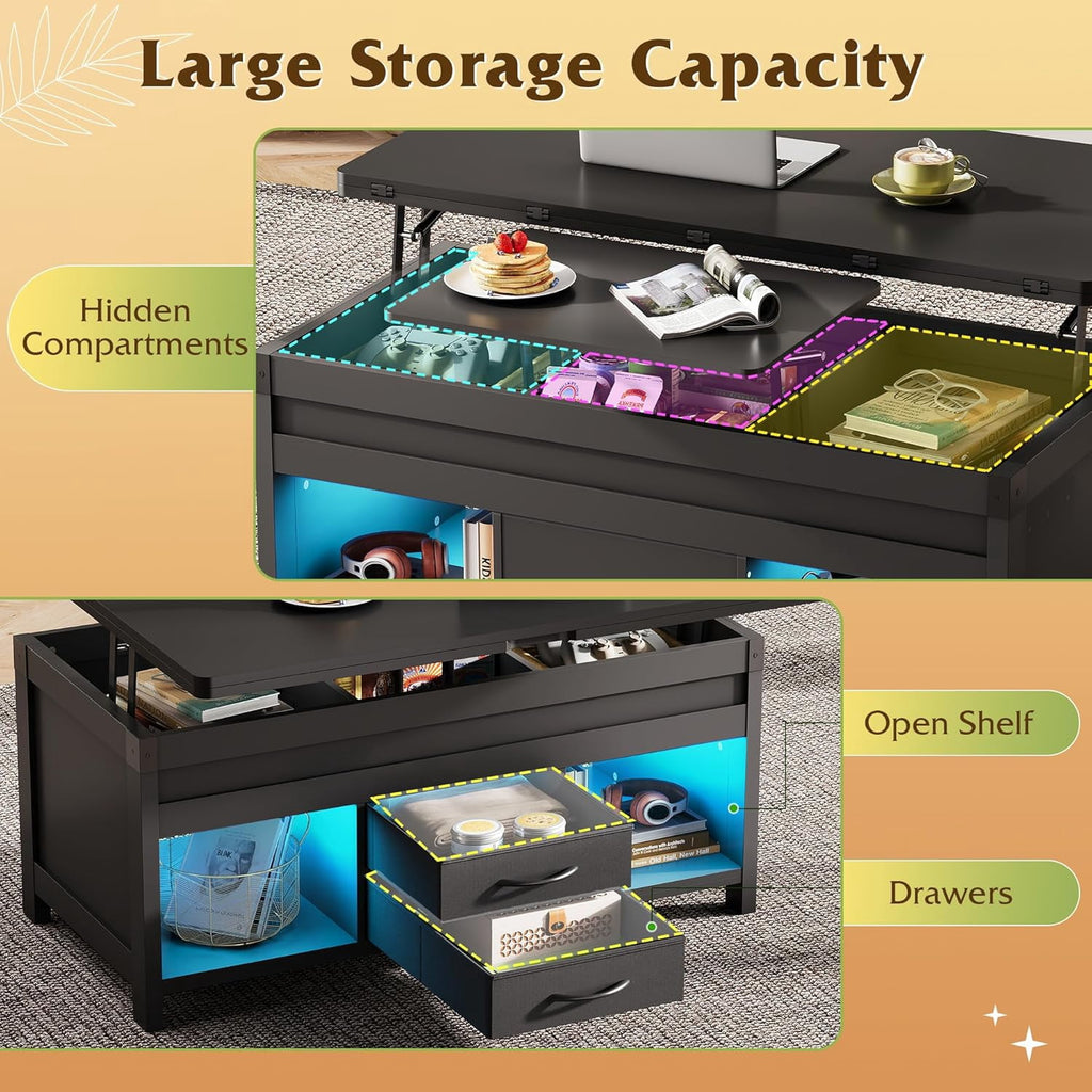 GALAXHERO 40" Lift Top Coffee Table with Storage, 4 in 1 Coffee Tables with 2 Fabric Drawers LED Light and USB, Modern Coffee Table with Hidden Compartment for Living Room, Dining Room