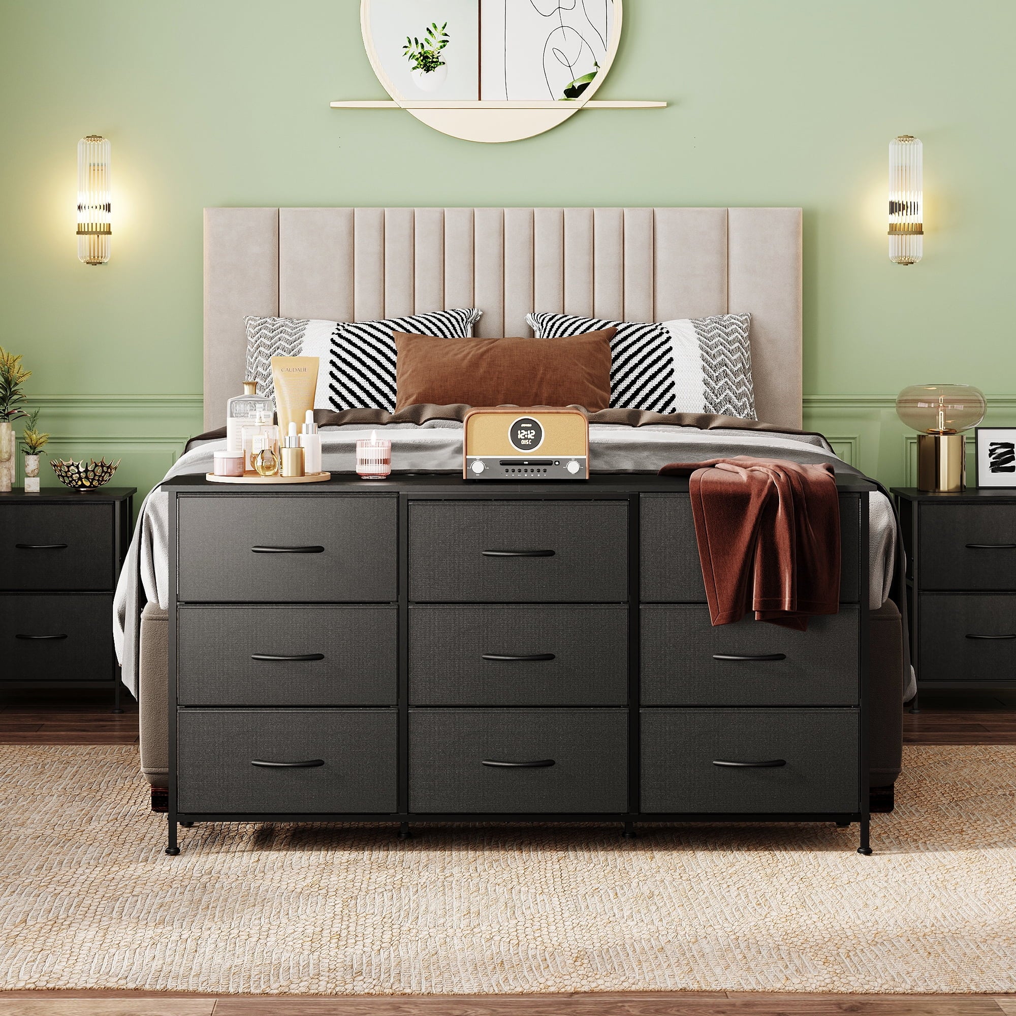 GALAXHERO 9 Drawers Dresser for Bedroom, 54''W  Fabric Dresser with Wood Top, TV Stand for 65'' TV, Wide Chest of Drawers for Closet, Living Room