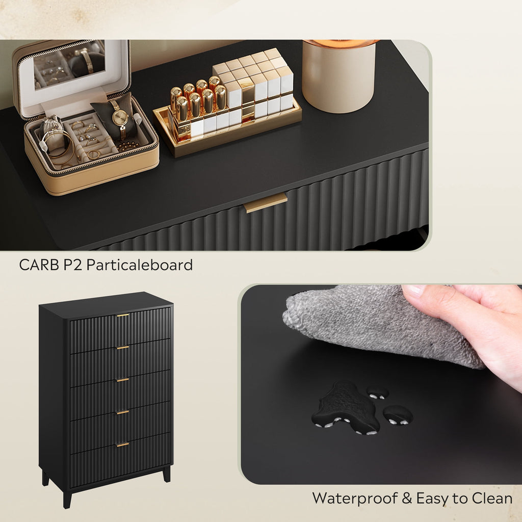 GALAXHERO 5 Drawers Dresser, Fluted Tall Dresser with Golden Metal Handles, Modern Chest of Drawers for Bedroom, Living Room, Hallway, Closet