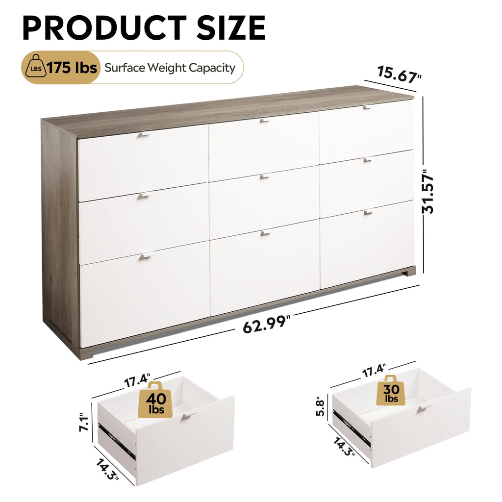 GALAXHERO 9 Drawer Dresser for Bedroom, Wood Dresser with Sturdy Metal Handle, 63" Wide Chest of Drawers, TV Stand for 75" TV for Living Room, Hallway