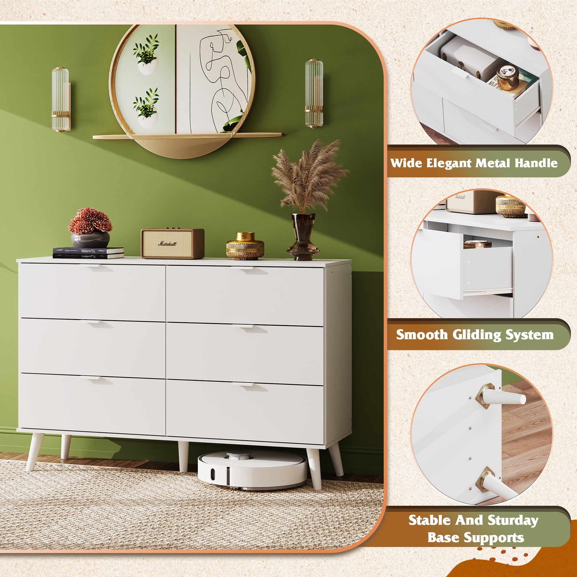 GALAXHERO 6 Drawer Wood Dresser, 47.2" Wide Chest of Drawer with Metal Handles, TV Stand for 55" TV, Double Dresser for Bedroom, Living Room, Hallway, Closet