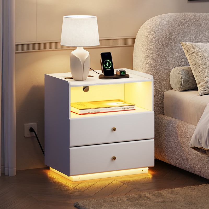 GALAXHERO Nightstand with Charging Station, Smart LED 2-Drawer Tall Bedside Table with Sensor & open shelf, End Table with Wireless Charging for Bedroom Living Room Dorm