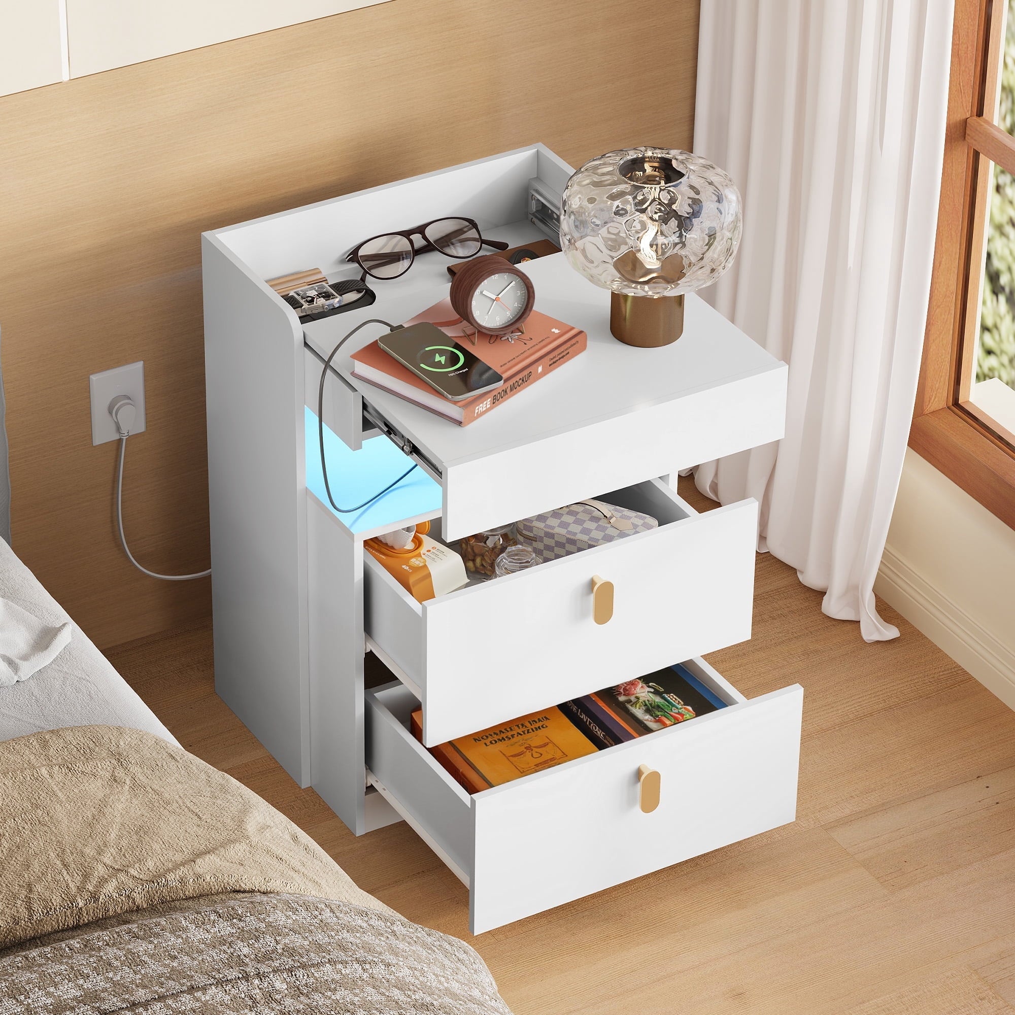 GALAXHERO 2 Drawer Nightstand with Charging Station and LED Lights, Modern Bedside Tables with Sliding Top for Bedroom, Wood End Table for Living Room