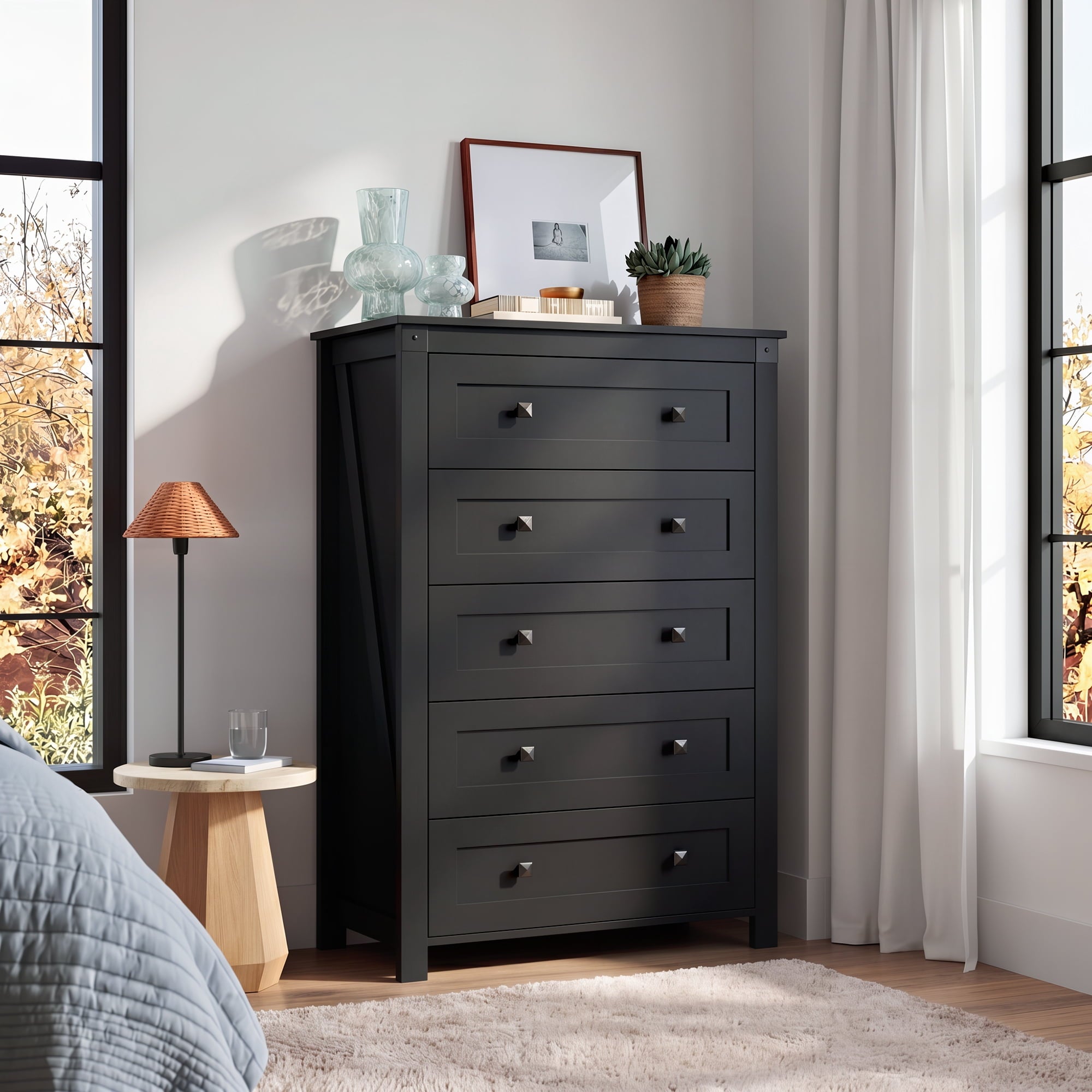 GALAXHERO Farmhouse 5 Drawer Dresser,Tall Dresser with Double Rustic Handles, Wood Chest of Drawers for Bedroom, Living Room, Hallway