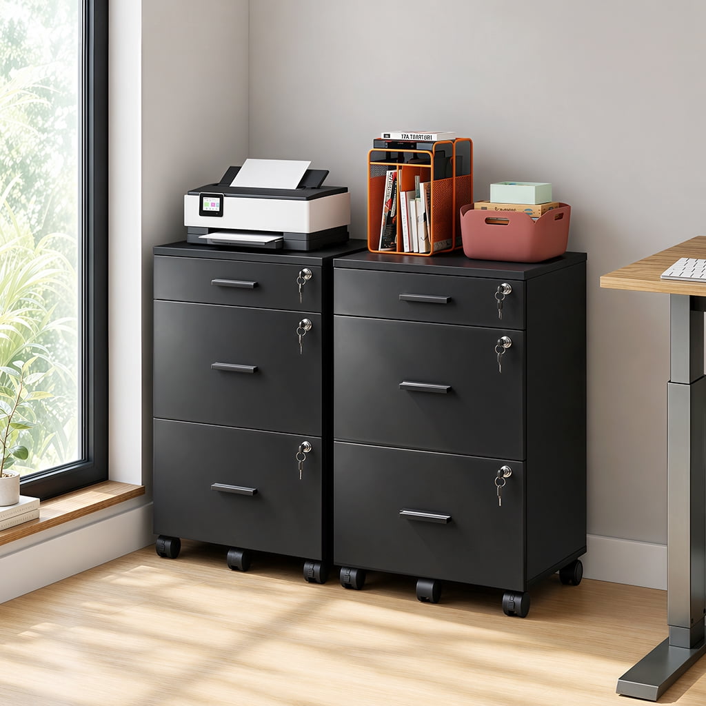 GALAXHERO Filing Cabinet with Lock and Key, 3 Drawer Rolling File Cabinet, Wood Storage Locker, Fits Letter/A4 Size