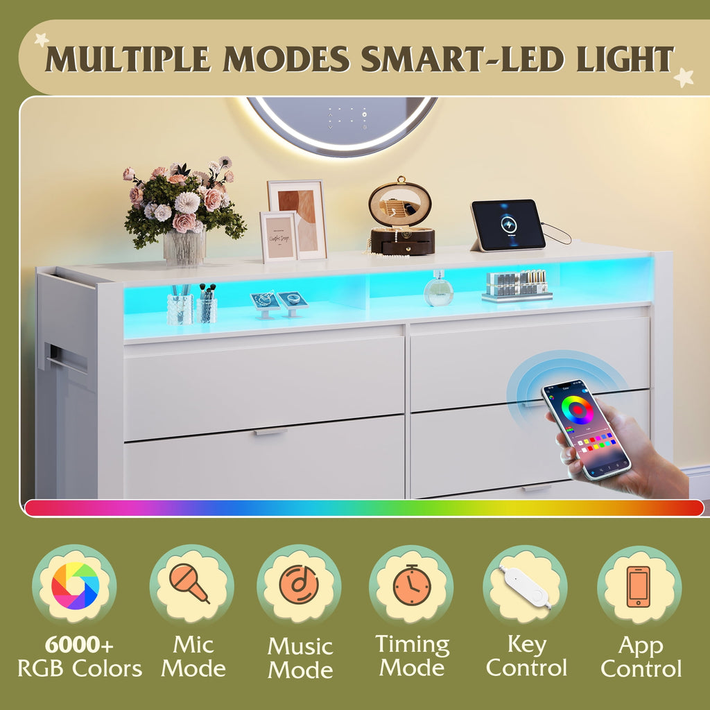 GALAXHERO 6 Drawer Dresser with LED Lights, Modern Dresser with Charging Station, Large Wood Chest of Drawers with Flexible Shelves and Hanging Rack for Bedroom, Closet, Living Room