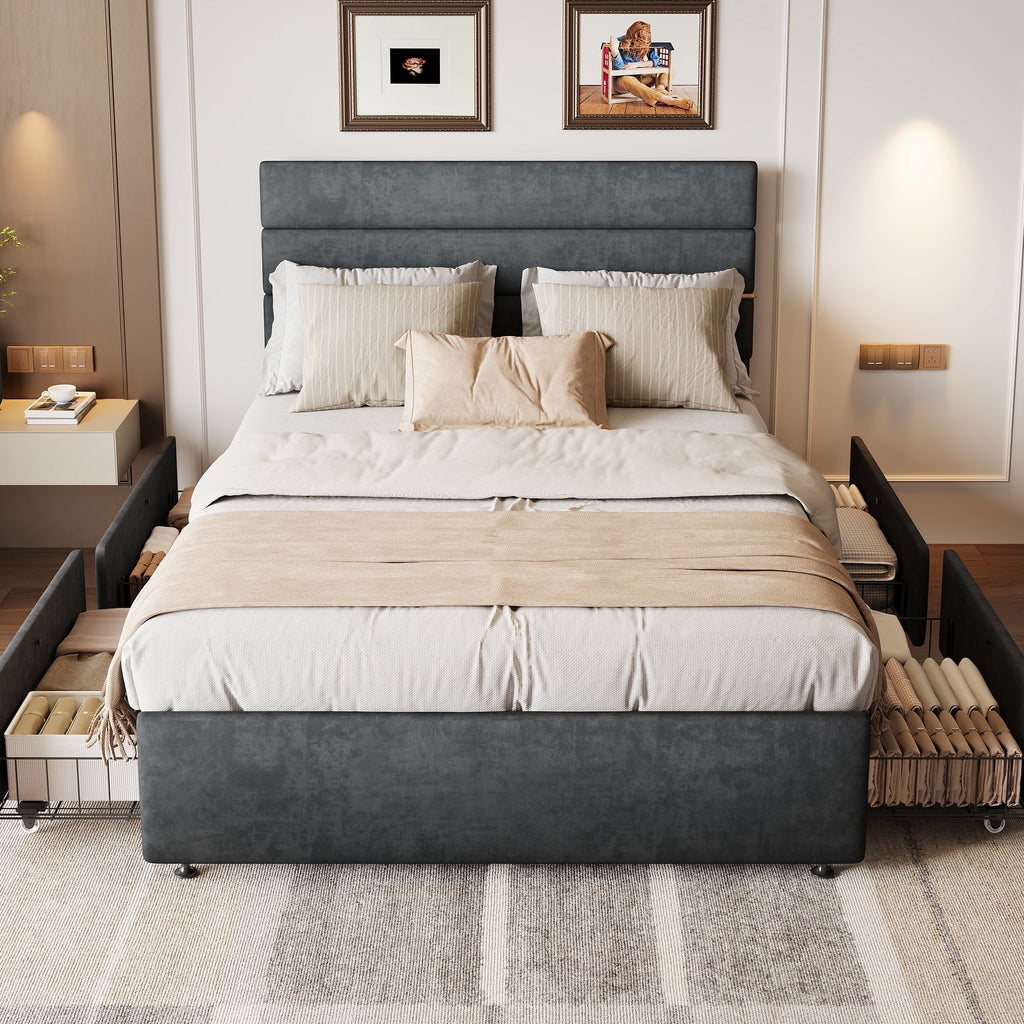 GALAXHERO Full Size Upholstered Bed Frame with 4 Storage Drawers and Headboard, Velvet Platform Bedframe, Sturdy Metal & Wooden Slats Support, No Box Spring Needed, Easy Assembly