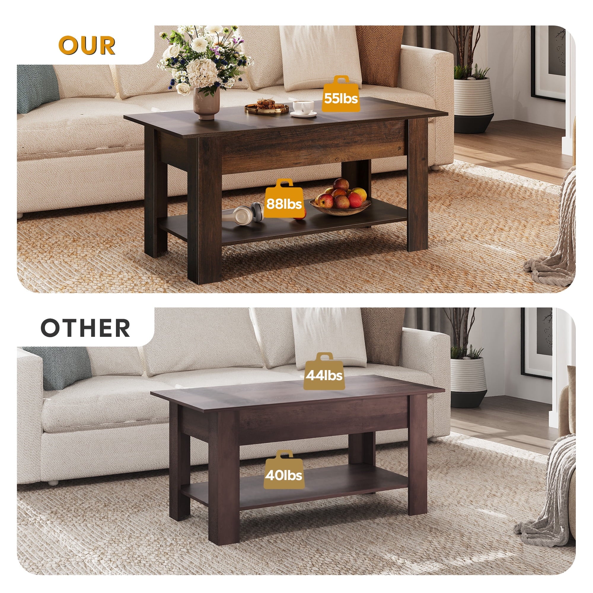 GALAXHERO 39" Lift Top Coffee Table with Storage Shelf & Hidden Compartment and Lifting Top for Home Living Room Office and Reception Room