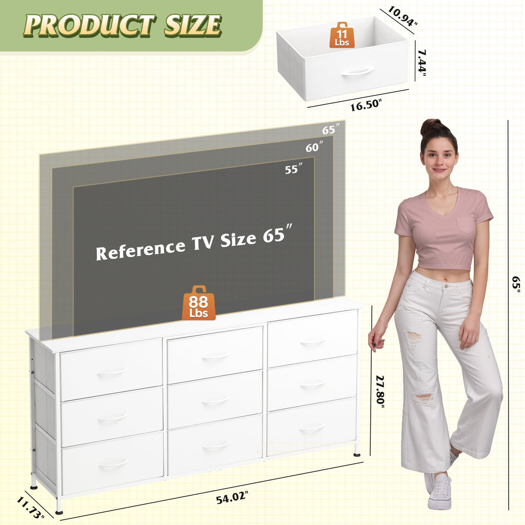 GALAXHERO 9 Drawers Dresser for Bedroom, 54''W  Fabric Dresser with Wood Top, TV Stand for 65'' TV, Wide Chest of Drawers for Closet, Living Room