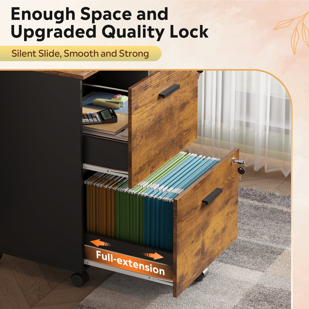 GALAXHERO 2 Drawer Filing Cabinet with Lock, Wooden Printer Stand with Storage for Home Office, Mobile Locking File Cabinet Fits Letter/A4 Hanging Files