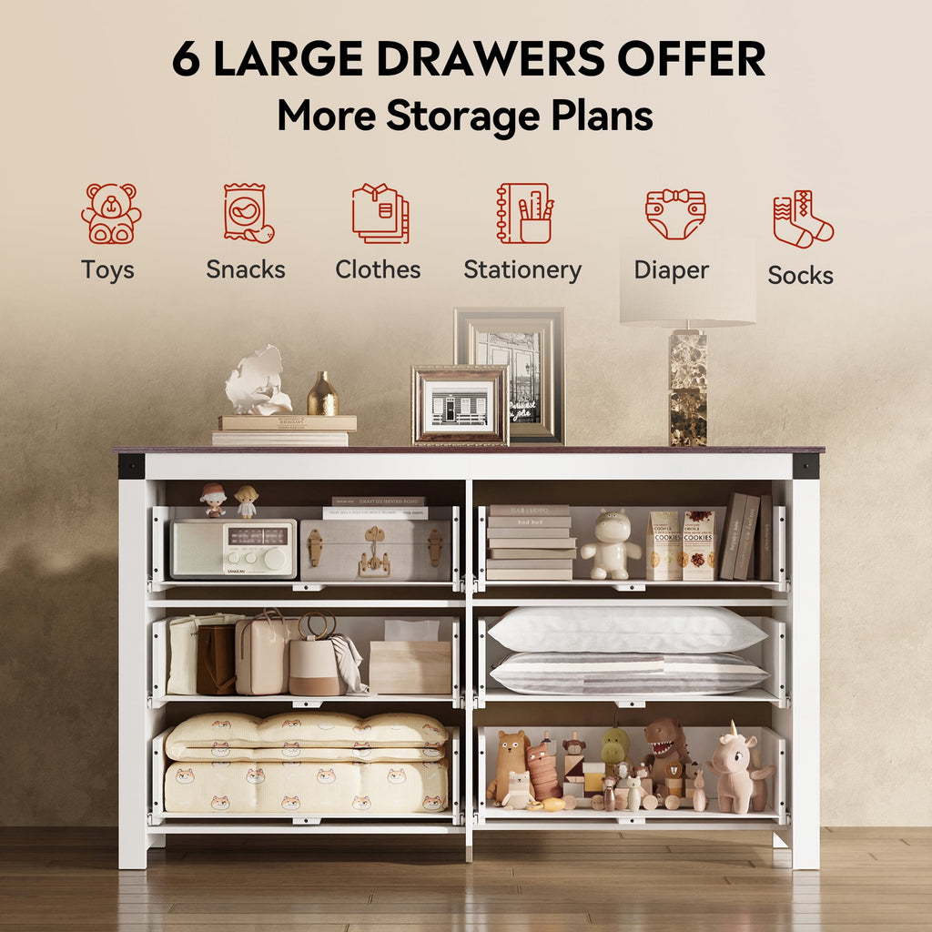 GALAXHERO Farmhouse 6 Drawer Dresser, Wood Dresser with Double Rustic Handles, TV Stand for 60" TV for Living Room, 53.07'' Wide Chest of Drawers for Bedroom, Hallway