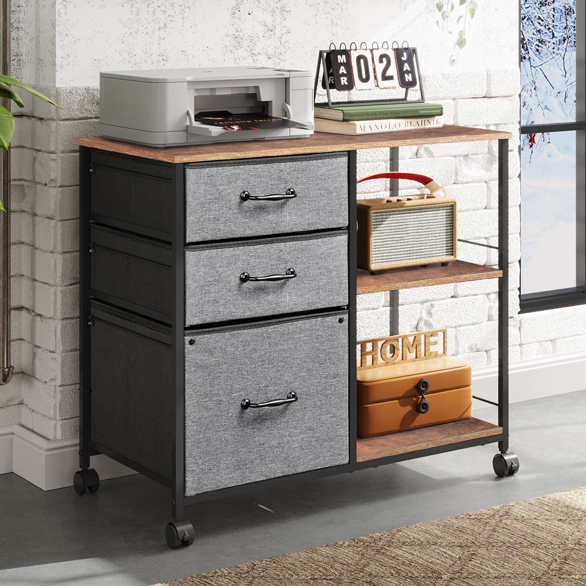 GALAXHERO 3-Drawer Mobile File Cabinet with Storage Shelf, Rolling Fabric Filing Cabinet and Printer Stand