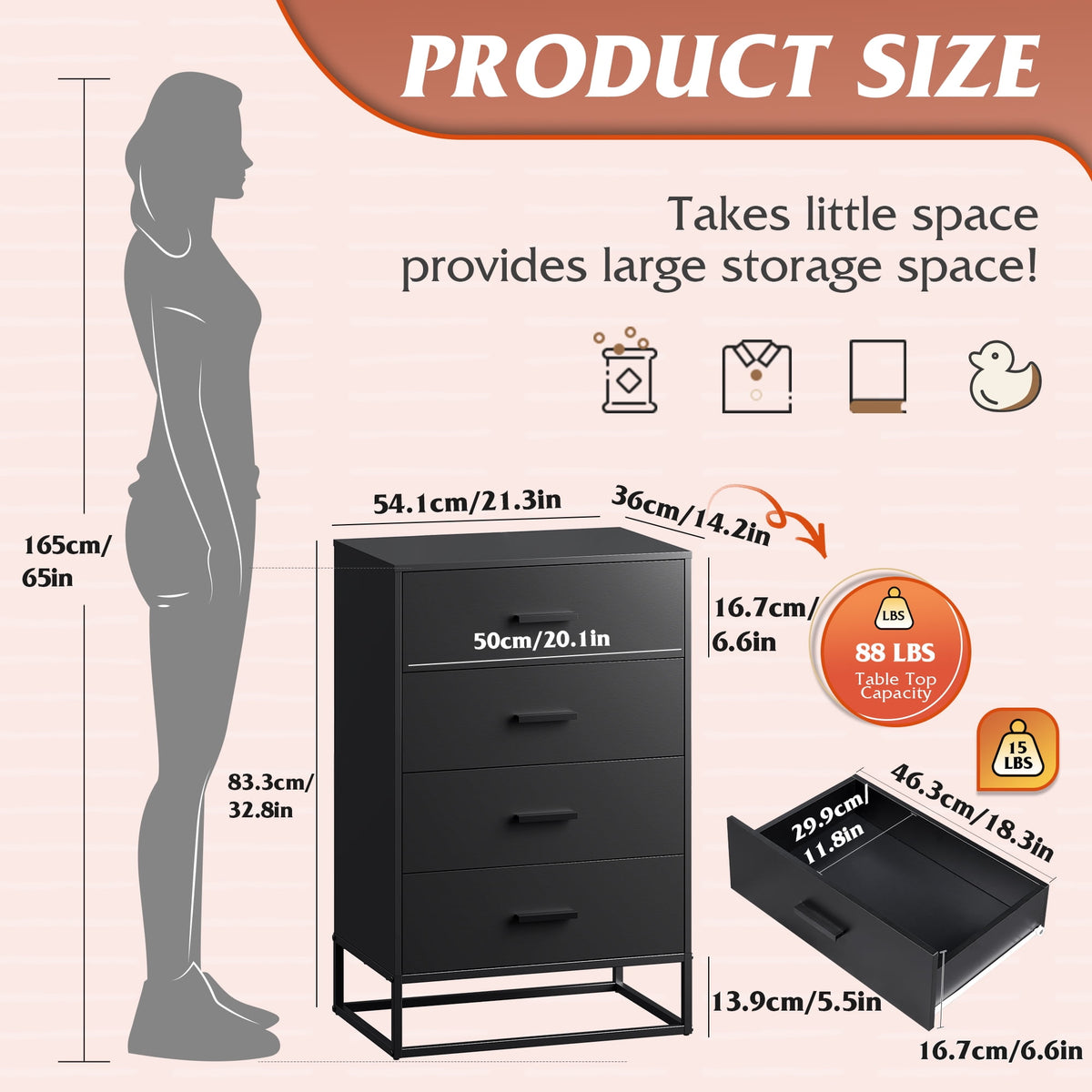 GALAXHERO 4 Drawer Dressers for Bedroom, Wooden Chest of Drawers for Closet, Living Room, Hallway