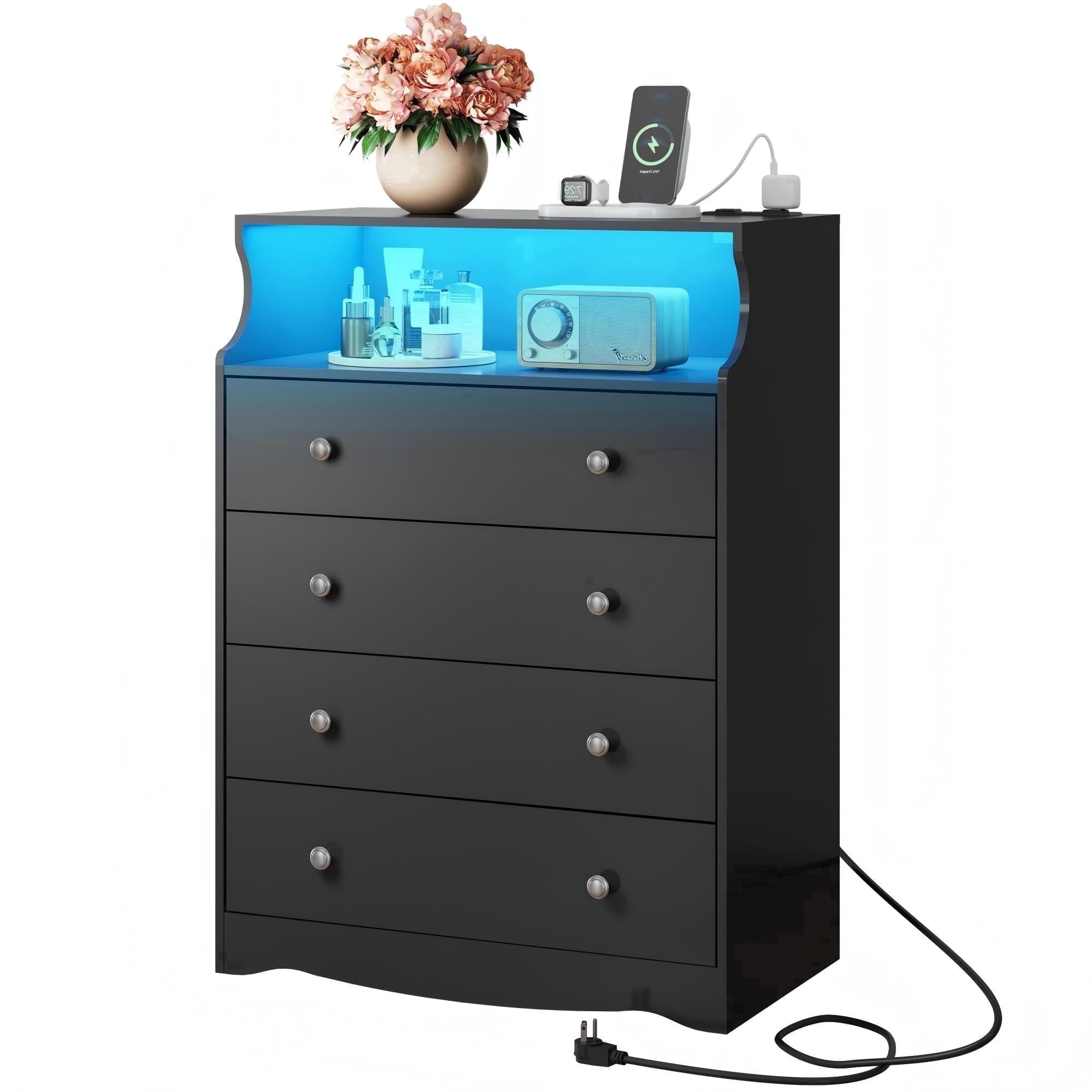 GALAXHERO 4 Drawers Dresser with LED Lights, Tall Dressers with Charging Station, Wood Chest of Drawers for Bedroom, Living Room, Closet, Hallway