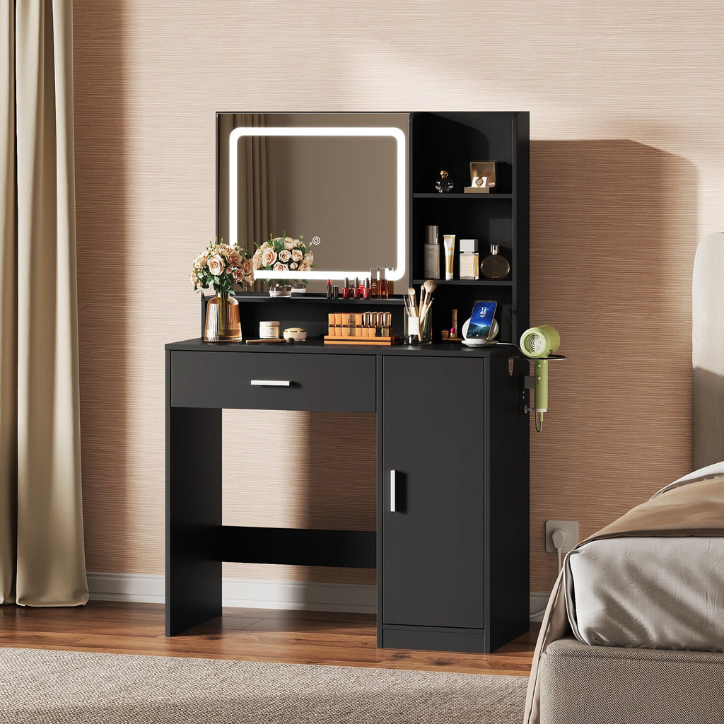 GALAXHERO Vanity Desk with Mirror and Lights, Makeup Tables with Drawer, Cabinet and Storage Shelves,Girls Dressing Table with Charging Station