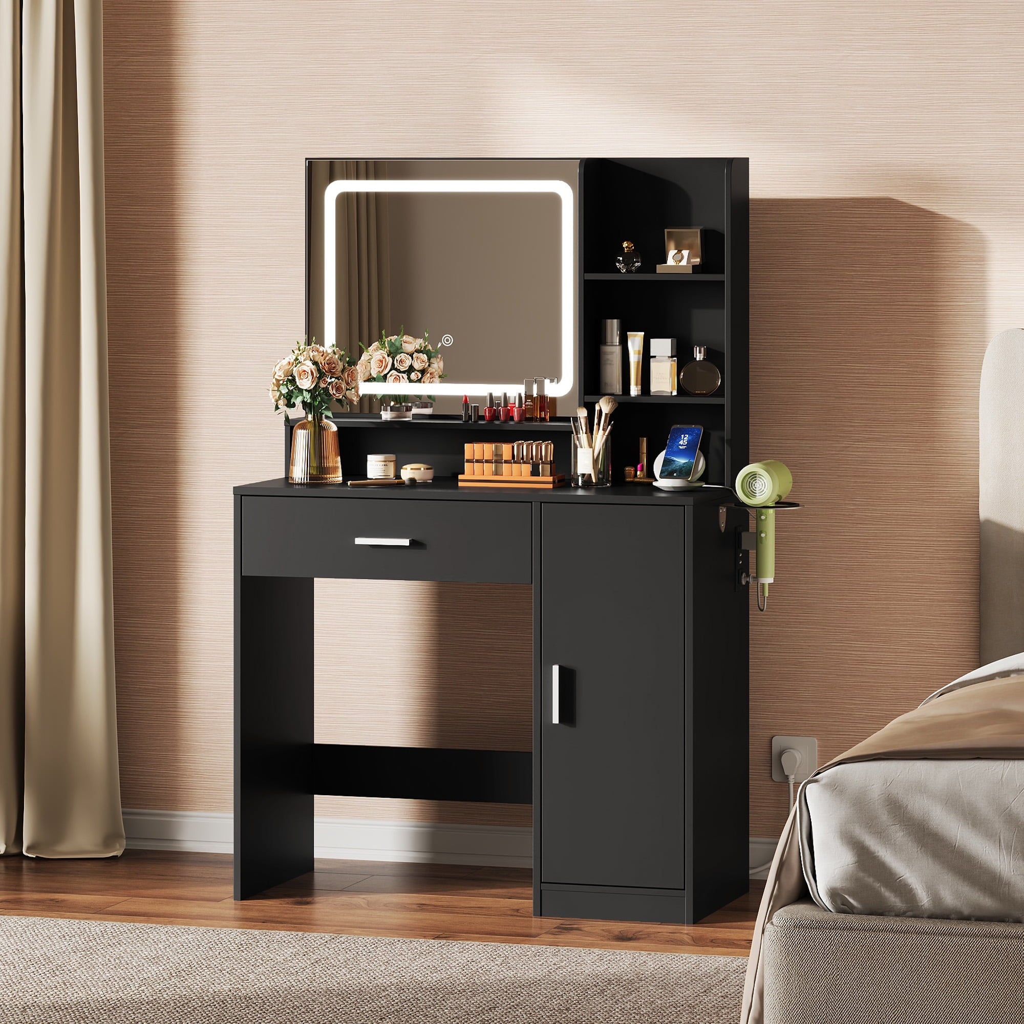 GALAXHERO Vanity Desk with Mirror and Lights, Makeup Tables with Drawer, Cabinet and Storage Shelves,Girls Dressing Table with Charging Station