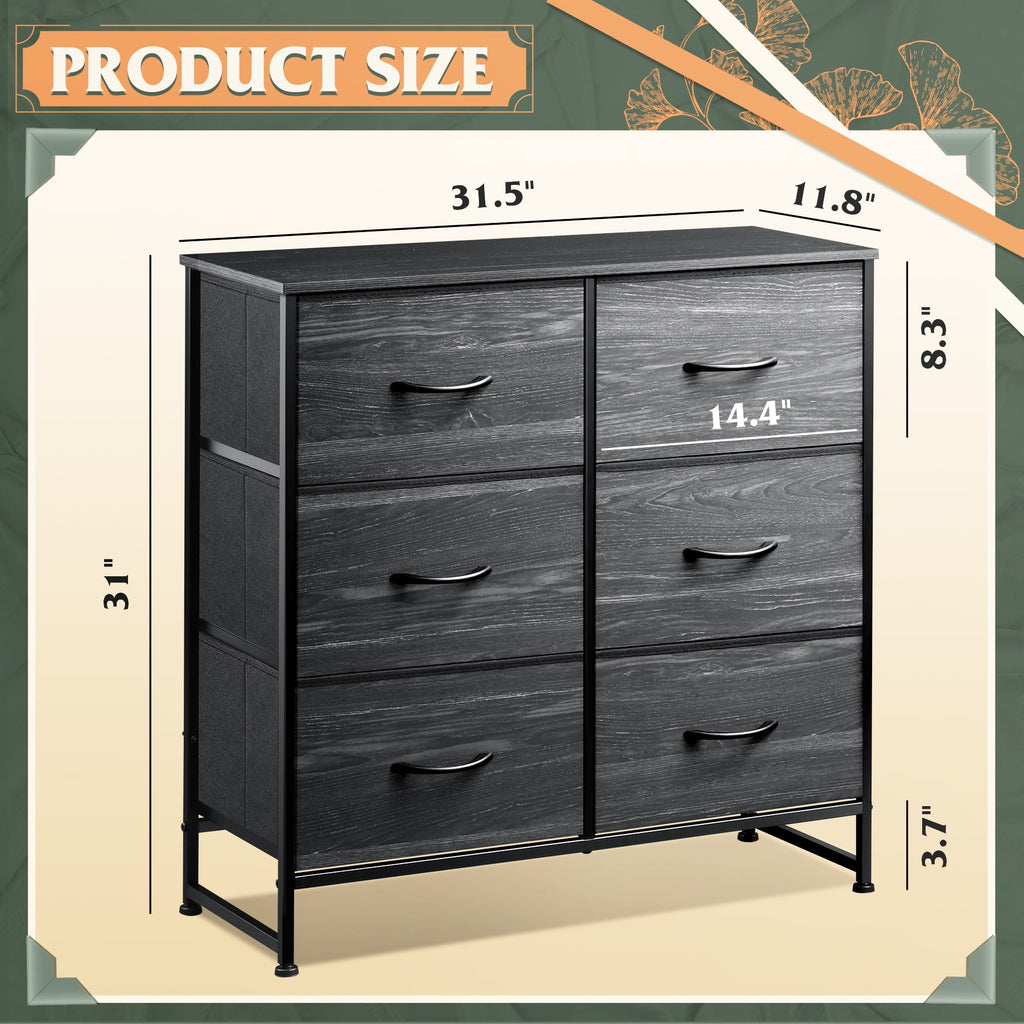 GALAXHERO 6 Drawer Dresser, Black Fabric Double Dresser, Storage Tower with Fabric Bins, Chest of Drawers for Bedroom, Closet, Living Room, Hallway,Charcoal Black Wood Grain Print