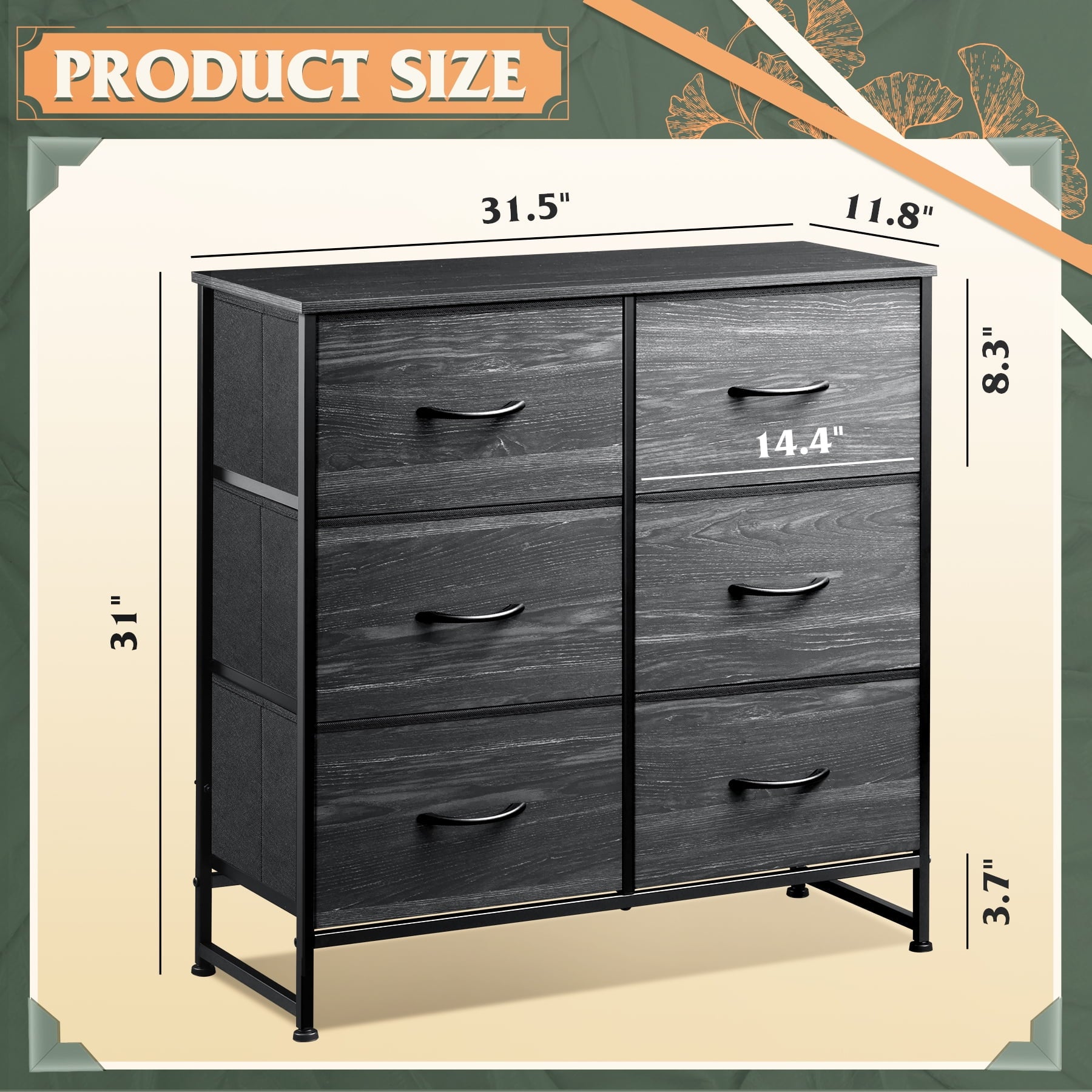 GALAXHERO 6 Drawer Dresser, Black Fabric Double Dresser, Storage Tower with Fabric Bins, Chest of Drawers for Bedroom, Closet, Living Room, Hallway,Charcoal Black Wood Grain Print