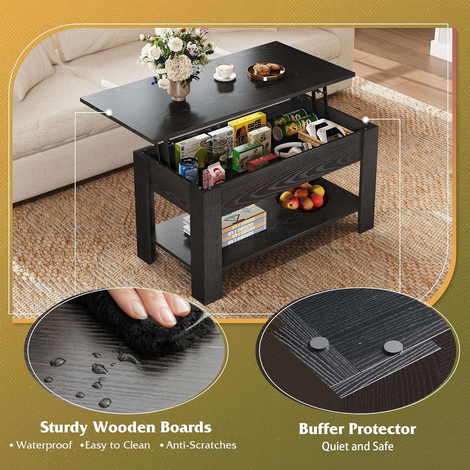 GALAXHERO 39" Lift Top Coffee Table with Storage Shelf & Hidden Compartment and Lifting Top for Home Living Room Office and Reception Room